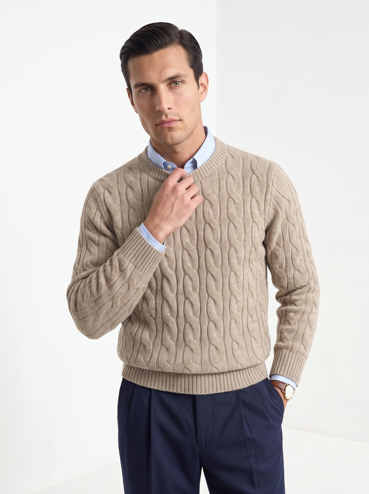 Men's wool cashmere cable knit sweater in beige