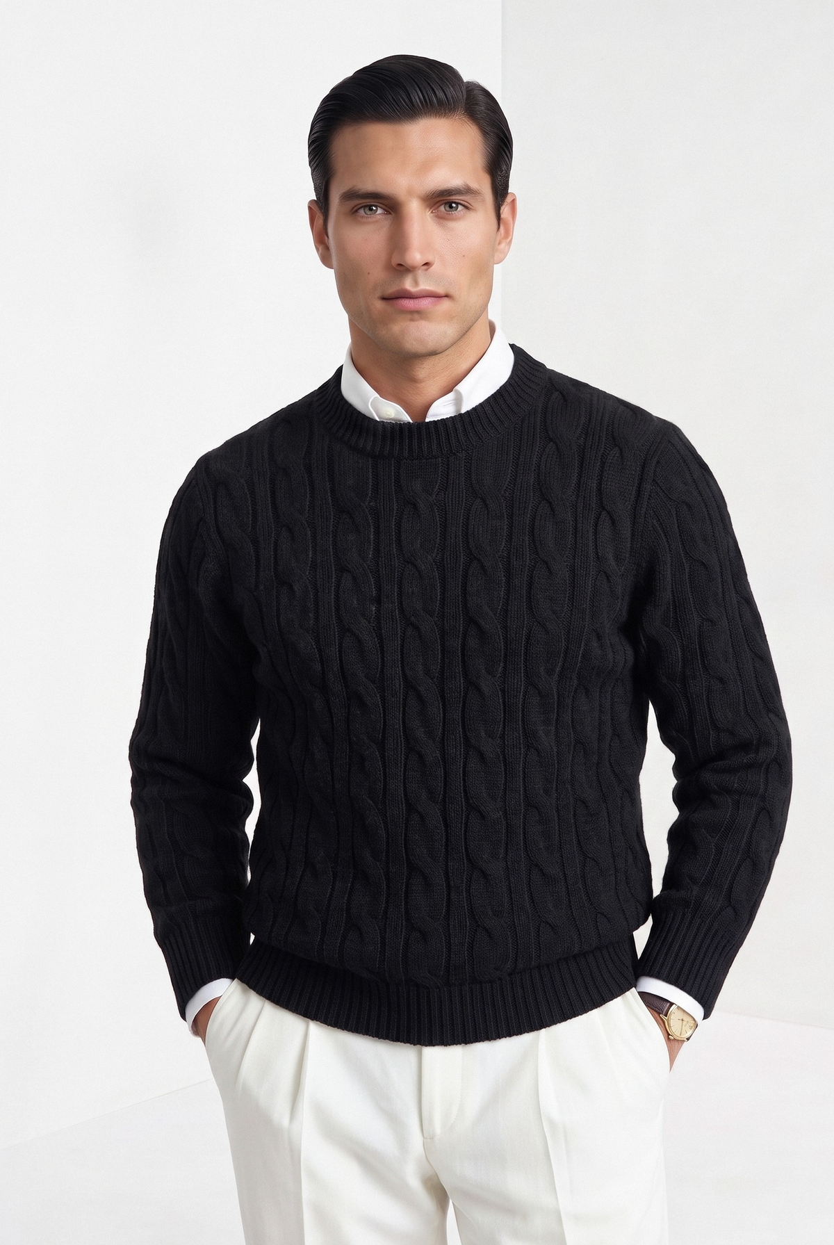 Men's wool cashmere cable knit sweater in black