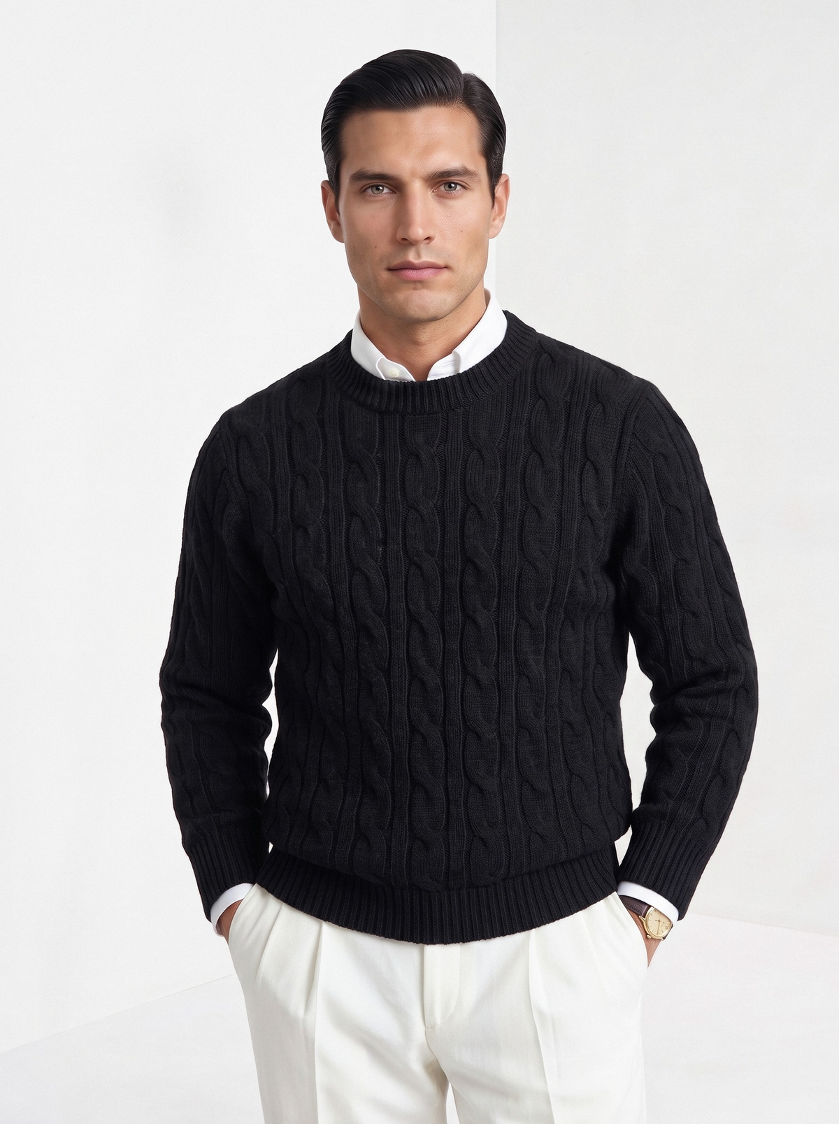 Men's wool cashmere cable knit sweater in black
