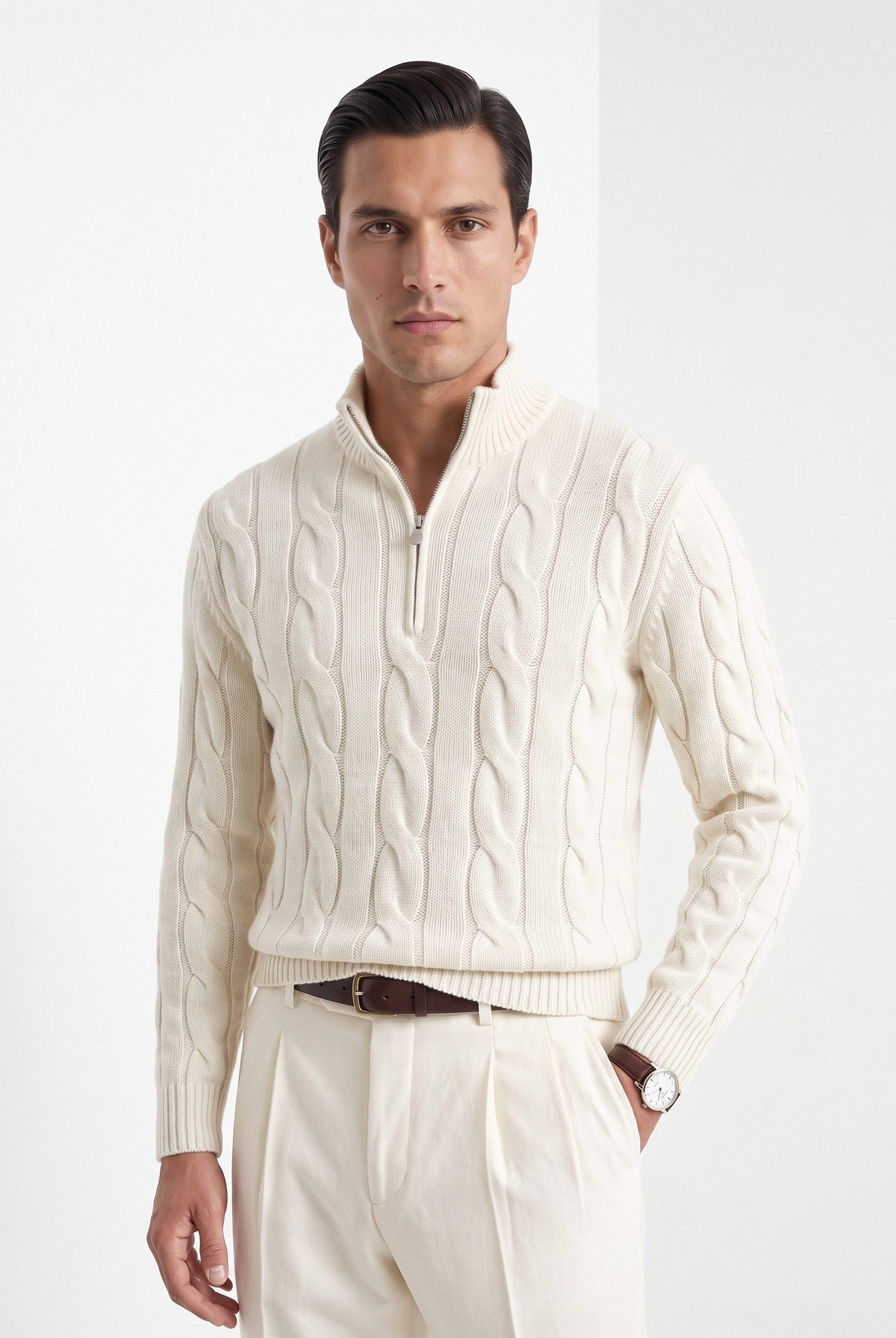 Men's half zip cable knit sweater in beige