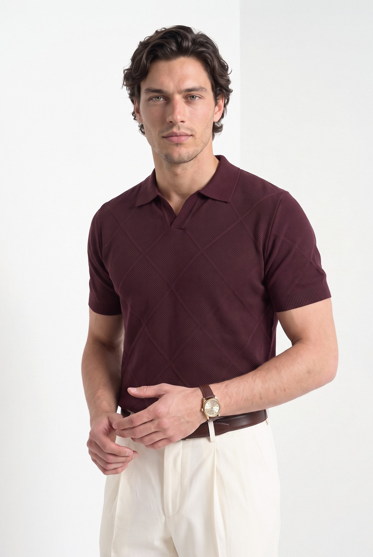 Men's cotton knitted polo shirt in burgundy