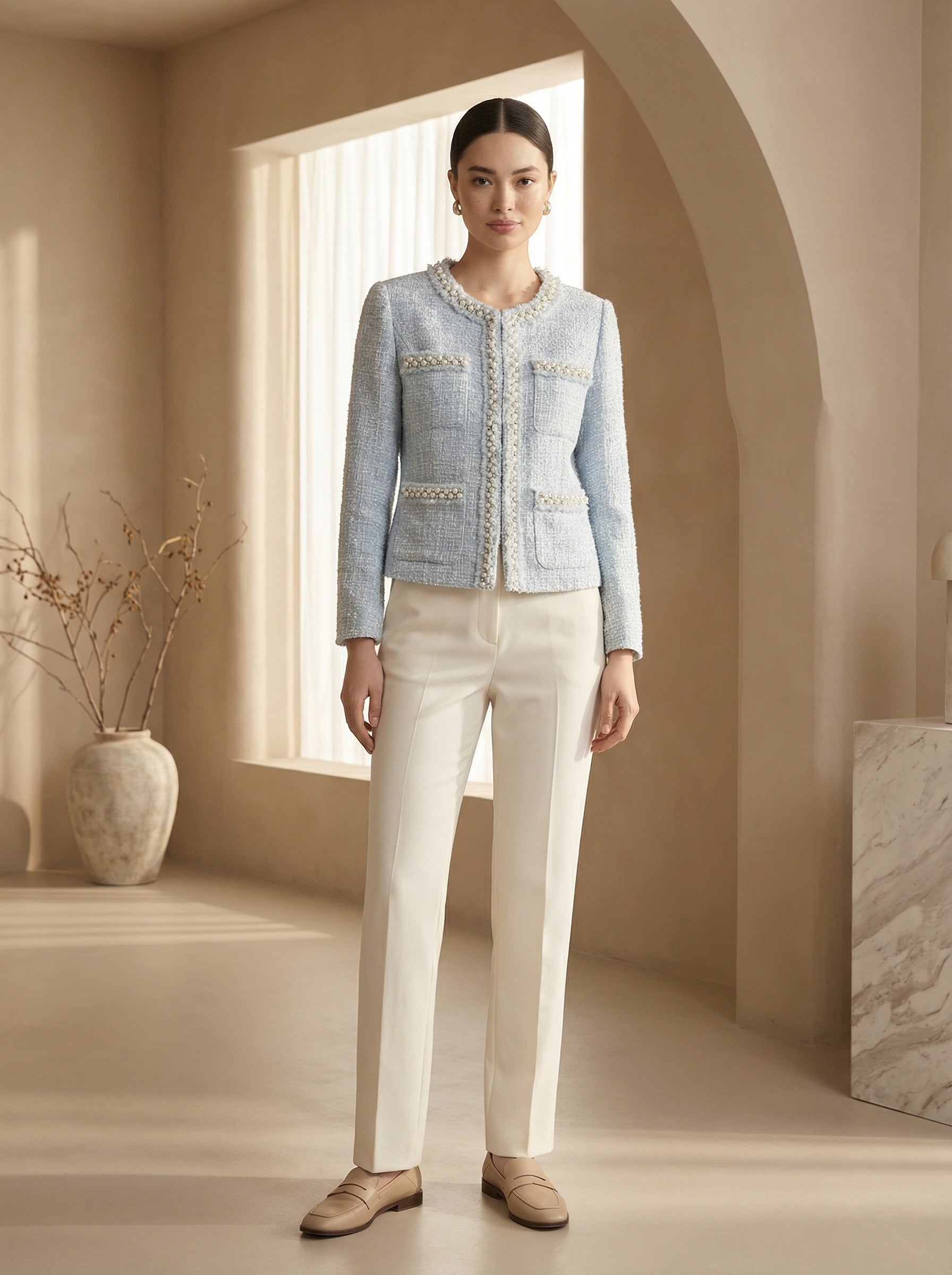 Woman wearing a light blue jacket and white pants in a neutral-colored room.