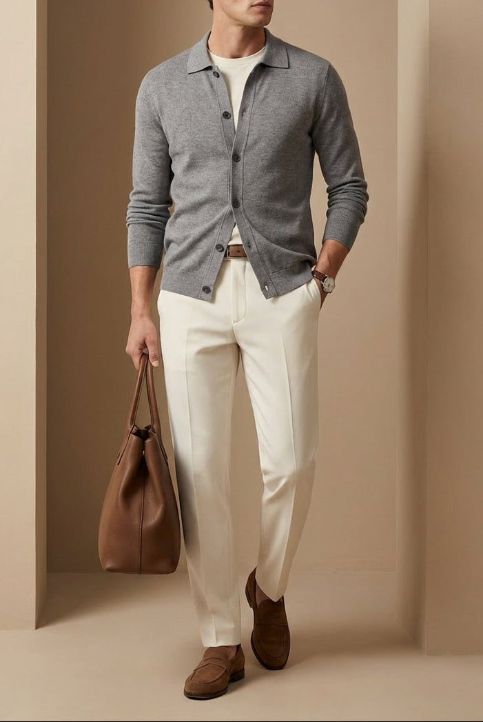 Man in gray cardigan and white pants holding a brown leather bag against a beige wall.