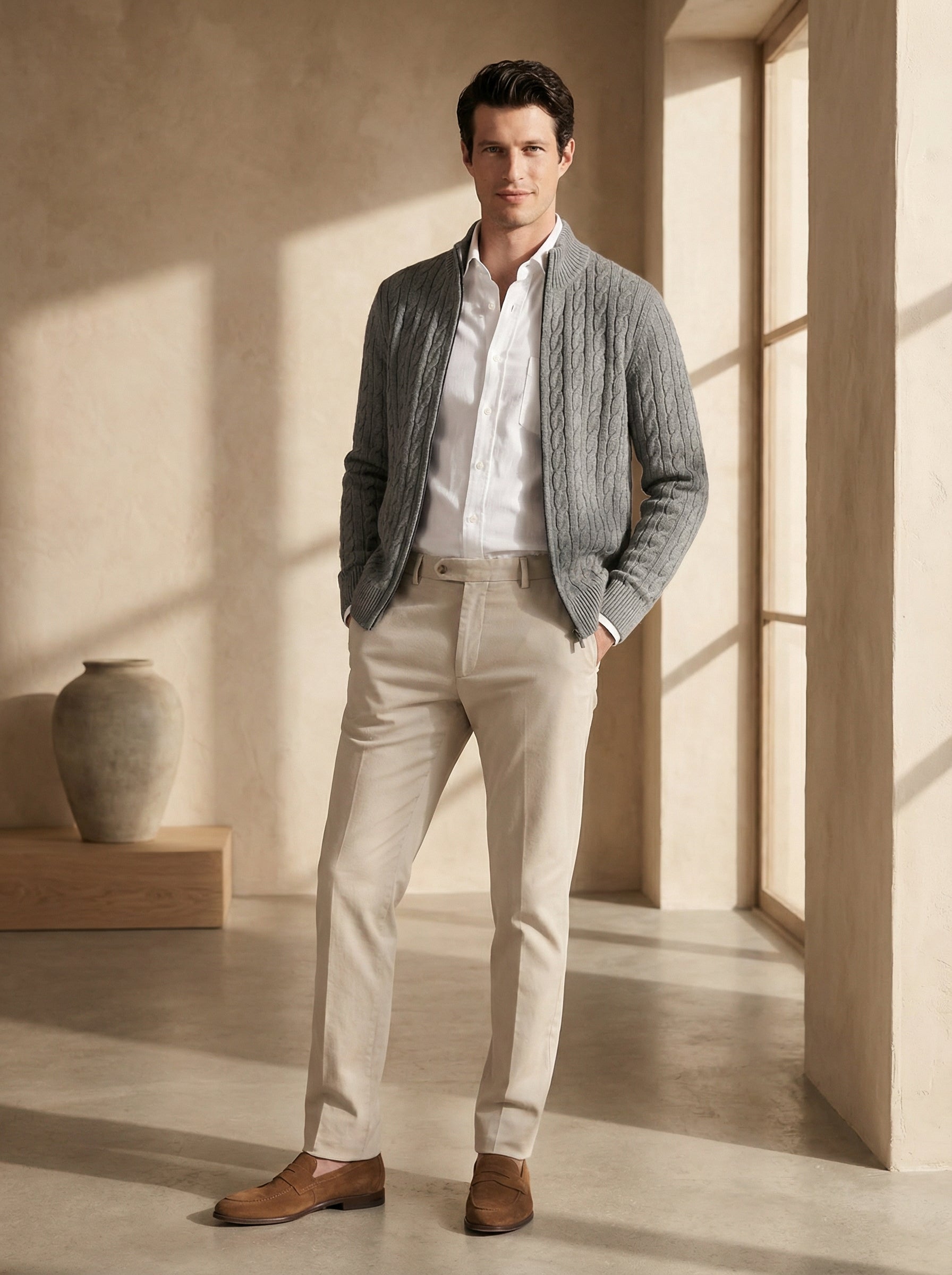 Man wearing a gray knit cardigan over a white shirt with beige pants in a sunlit room.