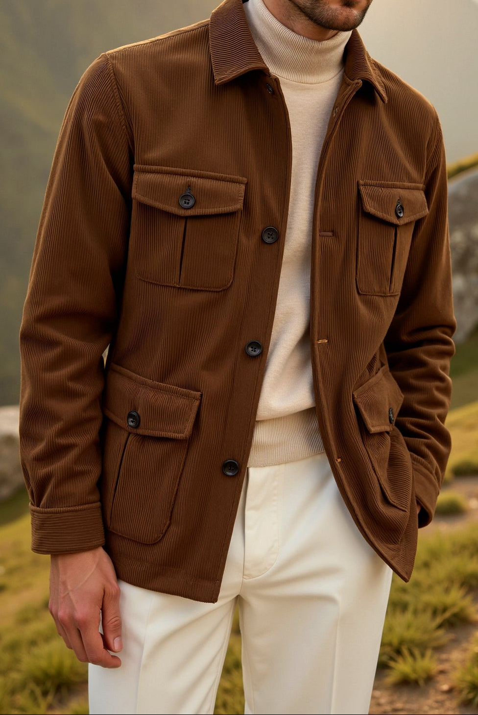 Person wearing a brown jacket with a mountainous background