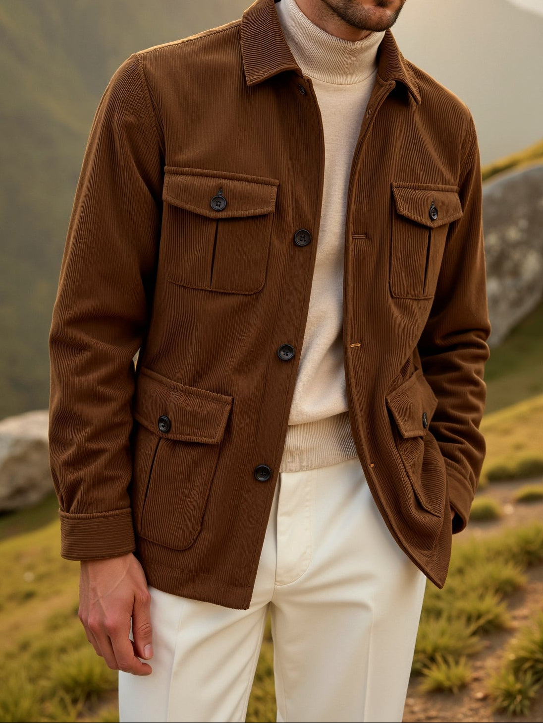 Person wearing a brown jacket with a mountainous background
