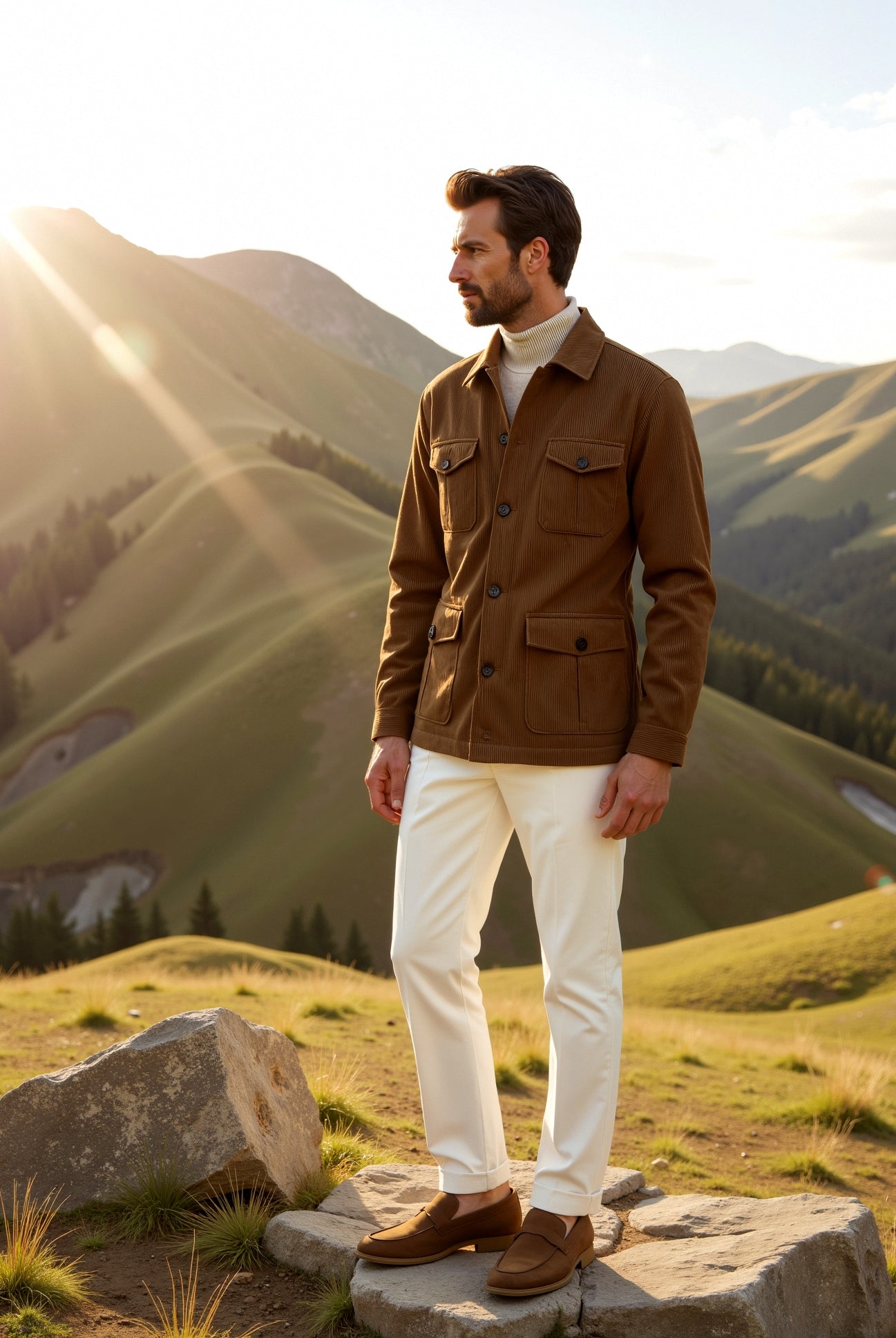 Man in a brown jacket and white pants standing on a mountain with a scenic view.
