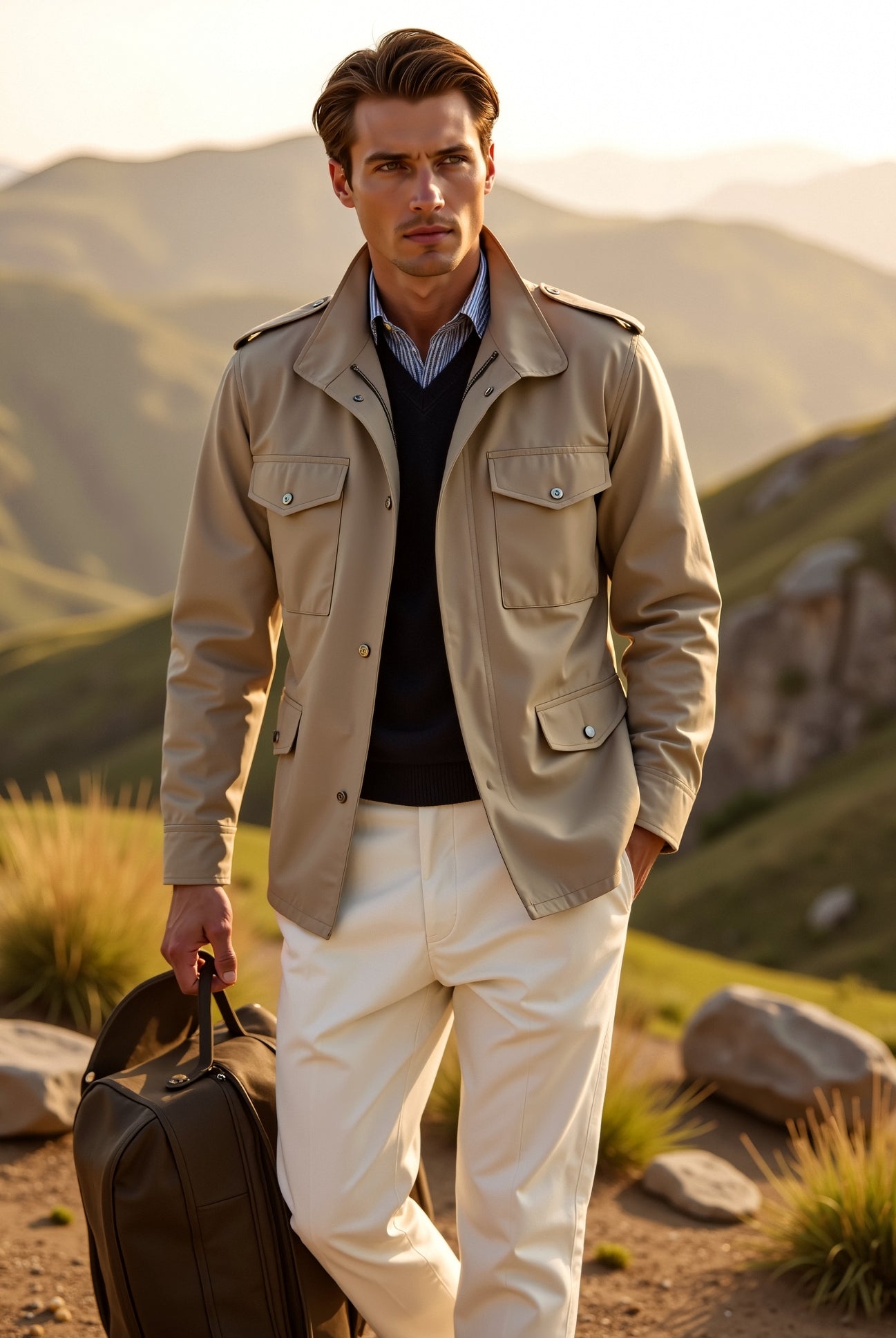 Man in beige jacket and white pants holding a suitcase against a mountainous landscape