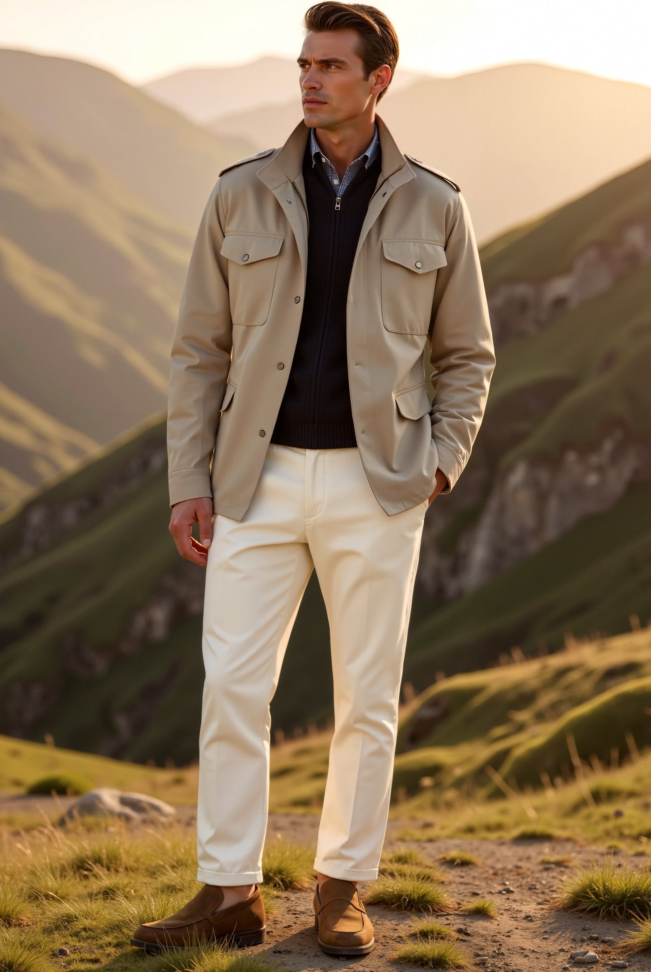 Man standing in a mountainous landscape wearing a beige jacket and white pants.