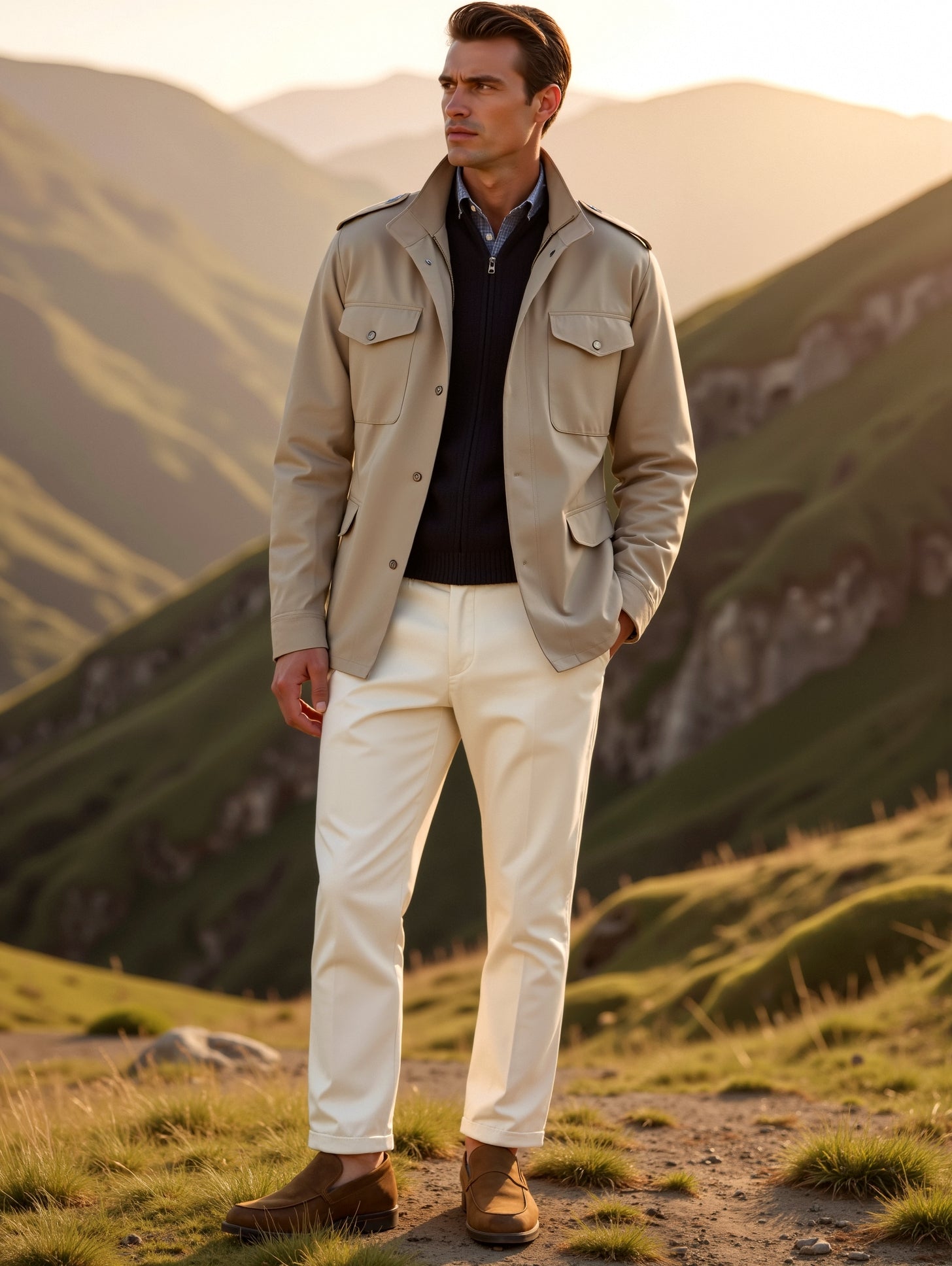 Man standing in a mountainous landscape wearing a beige jacket and white pants.