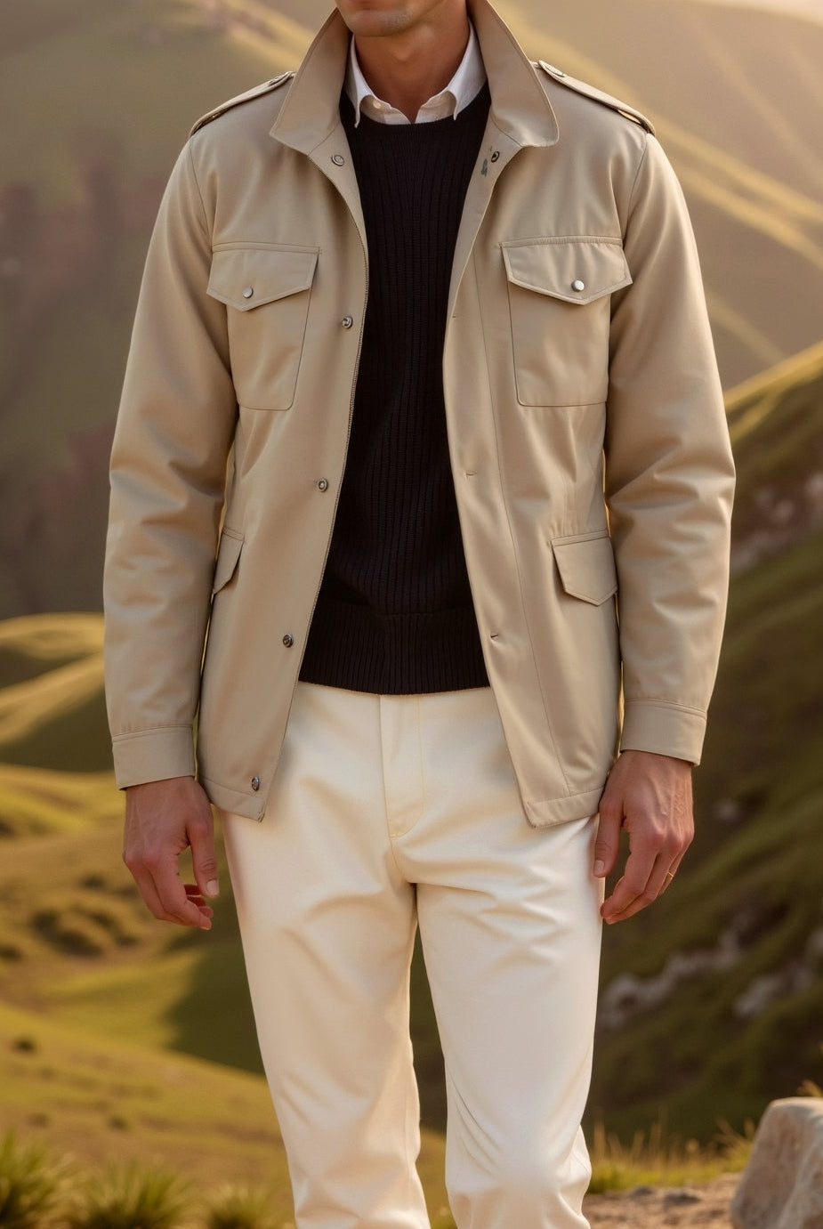 Man standing in a scenic mountain landscape wearing a beige jacket and white pants.