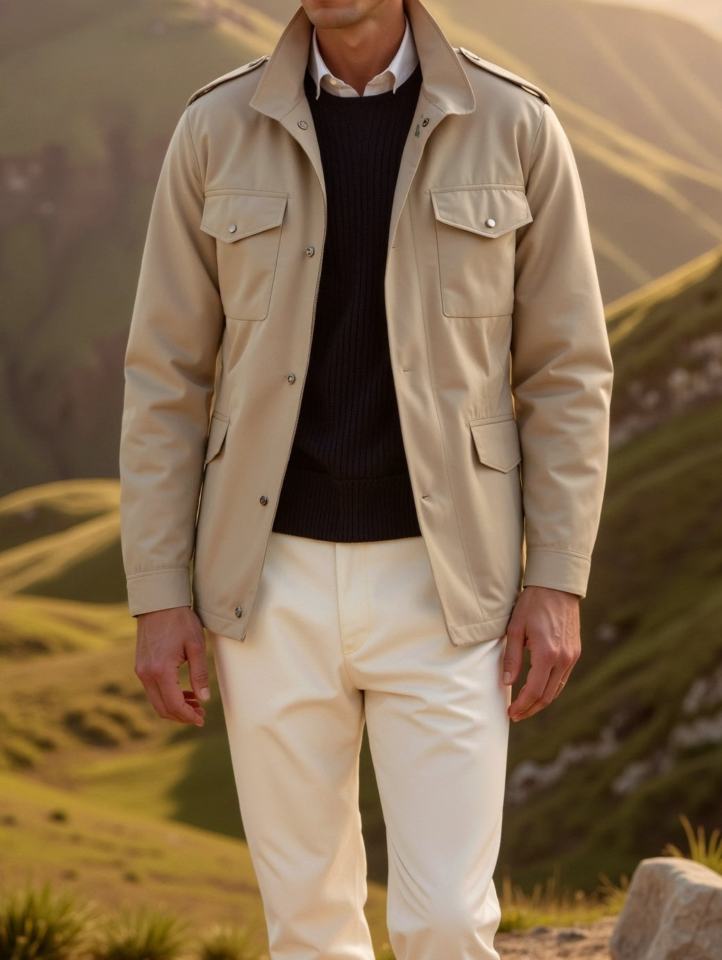 Man standing in a scenic mountain landscape wearing a beige jacket and white pants.