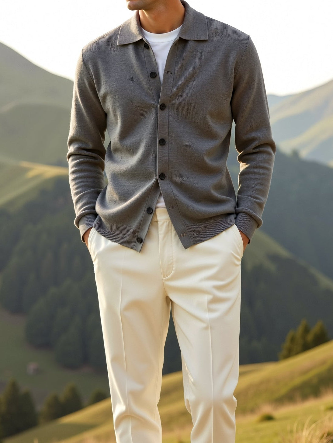 Man wearing a gray sweater and white pants standing in a mountainous landscape