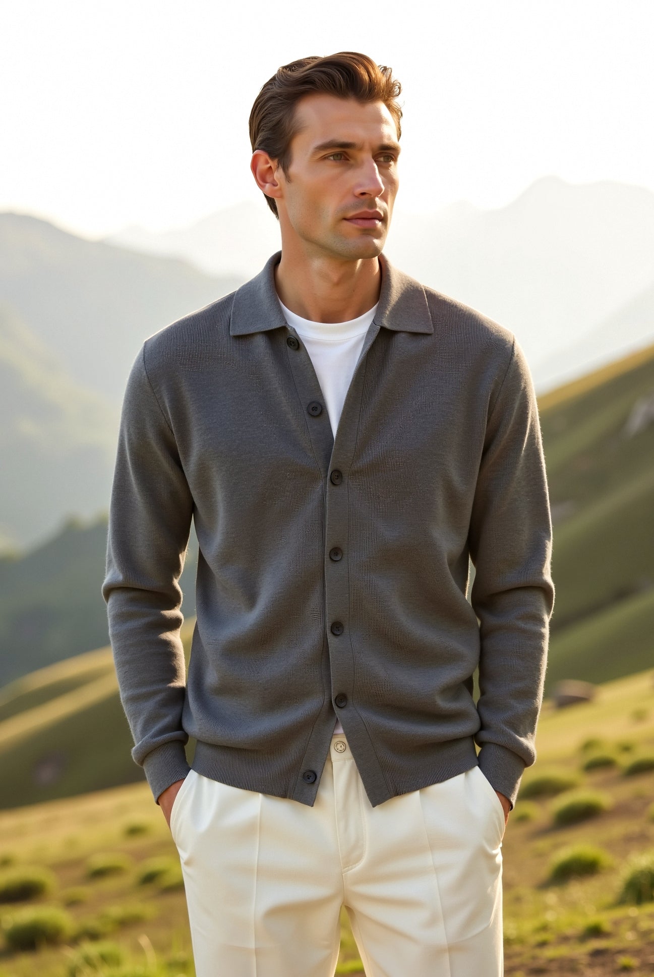 Man wearing a gray cardigan over a white shirt in a mountainous landscape