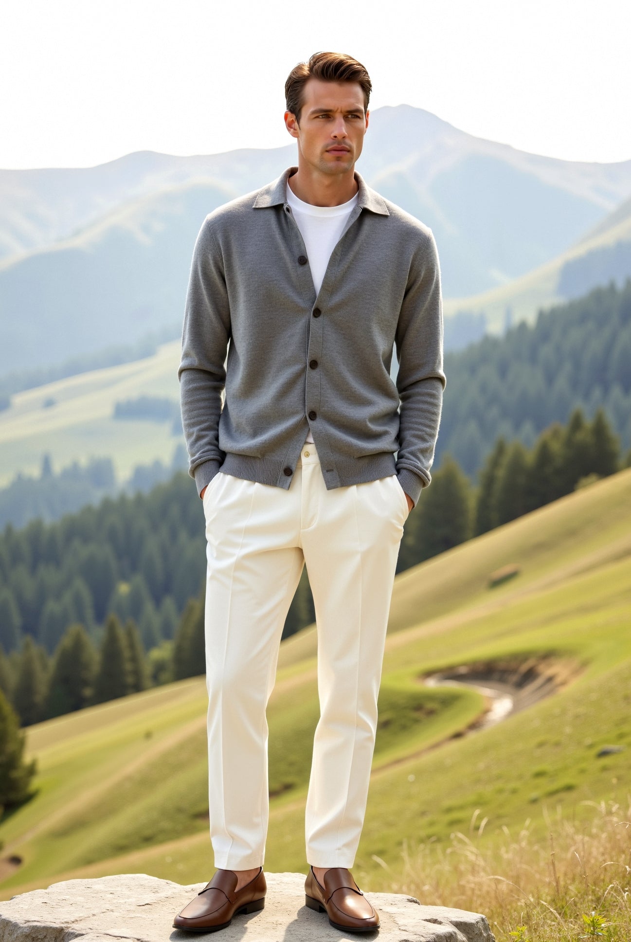 Man in gray cardigan and white pants standing on a rock with mountains in the background