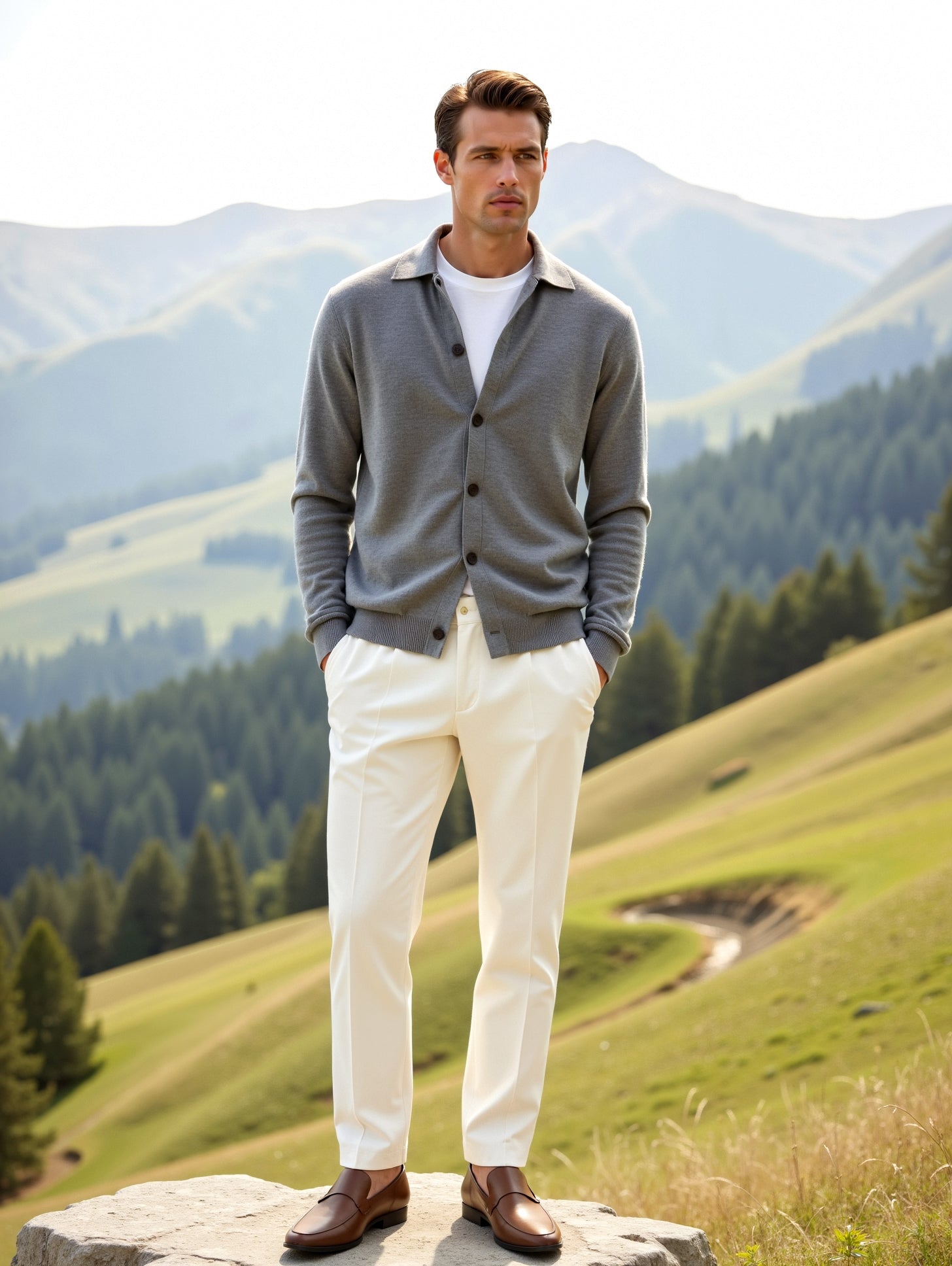 Man in gray cardigan and white pants standing on a rock with mountains in the background