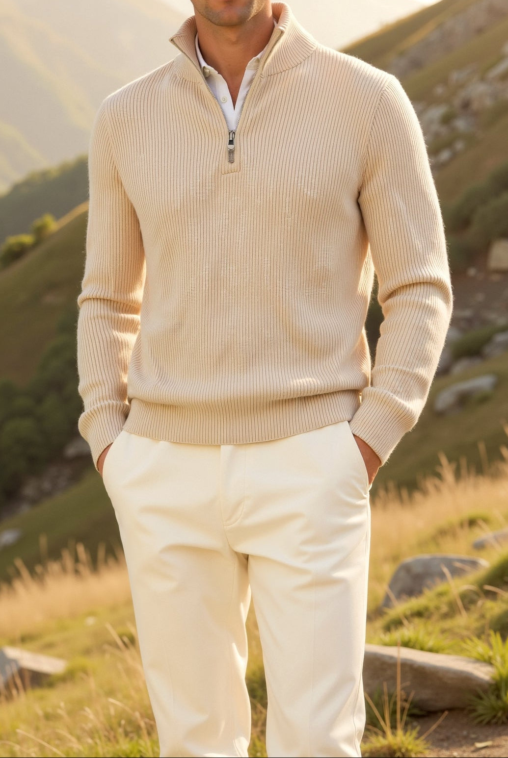 Man wearing a beige sweater and white pants standing in a mountainous landscape.