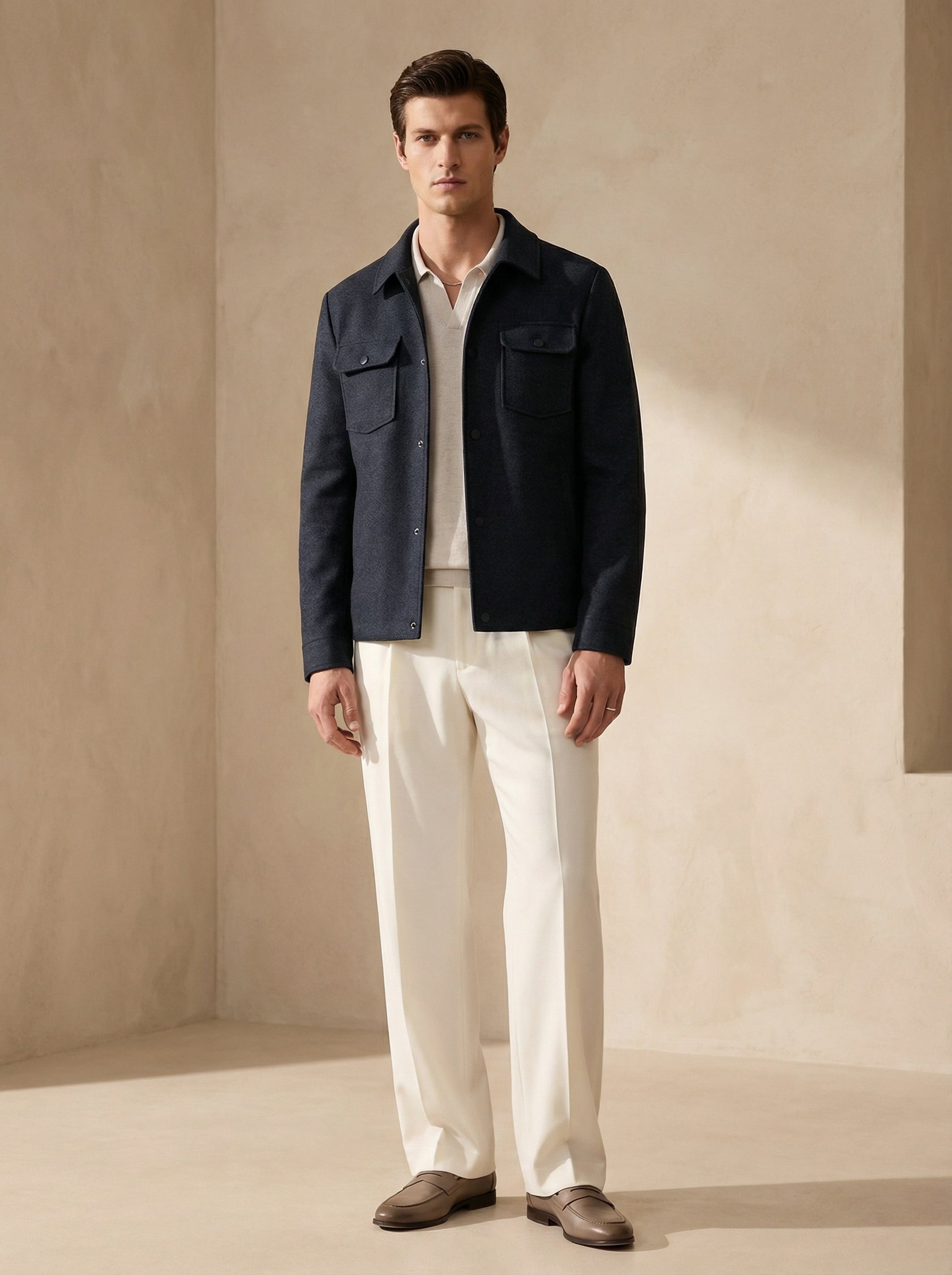 Man wearing a navy jacket over a white shirt with light-colored pants against a beige background