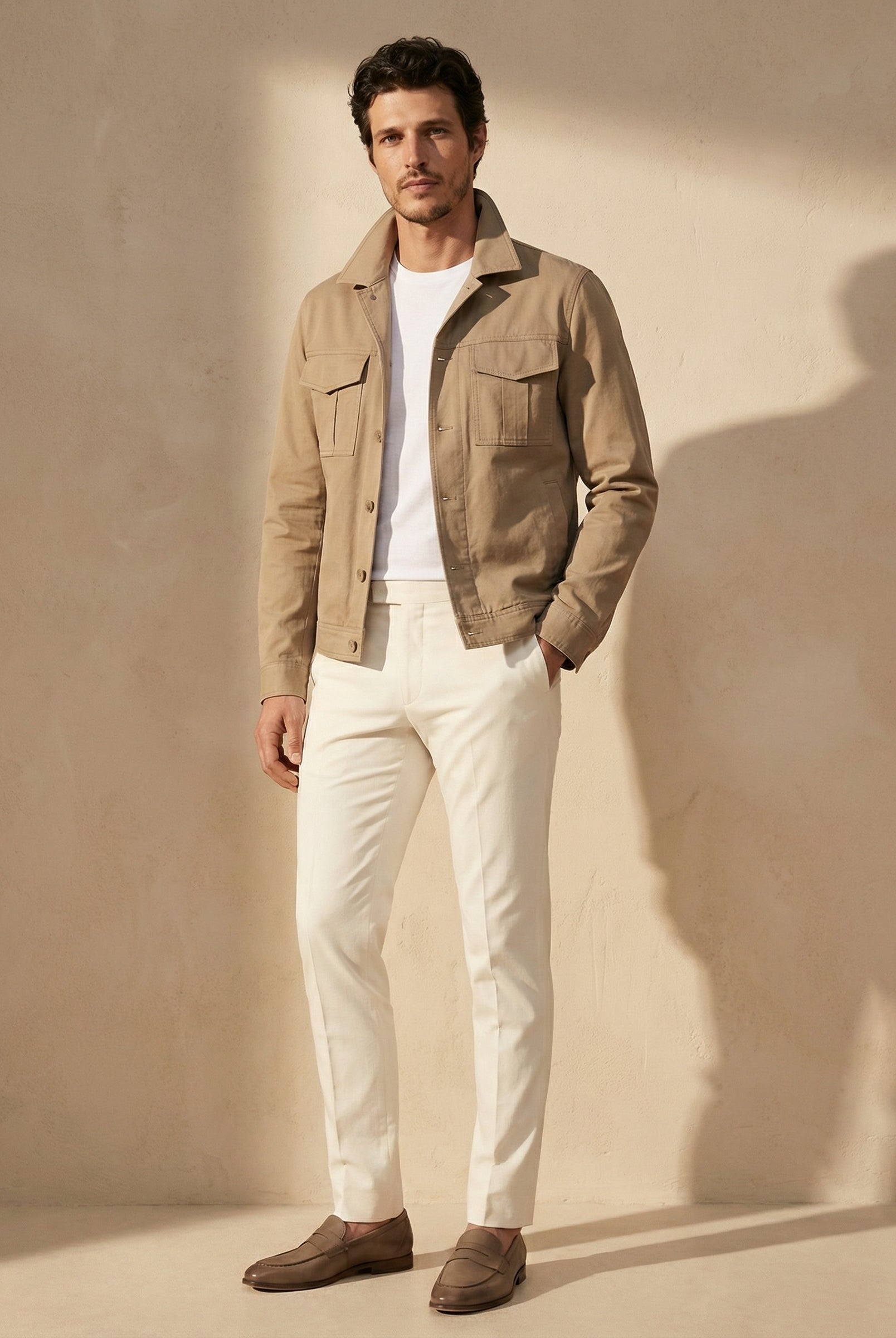 Man wearing a beige jacket, white shirt, and white pants against a beige wall.