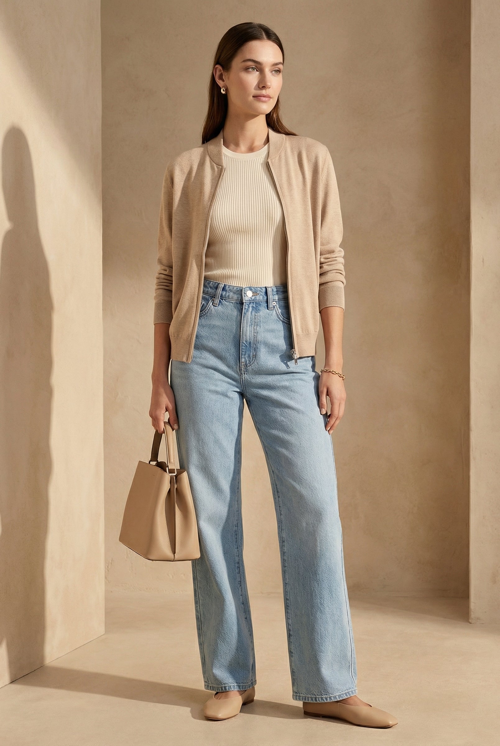 Woman wearing a beige cardigan, beige top, and blue jeans against a beige wall.