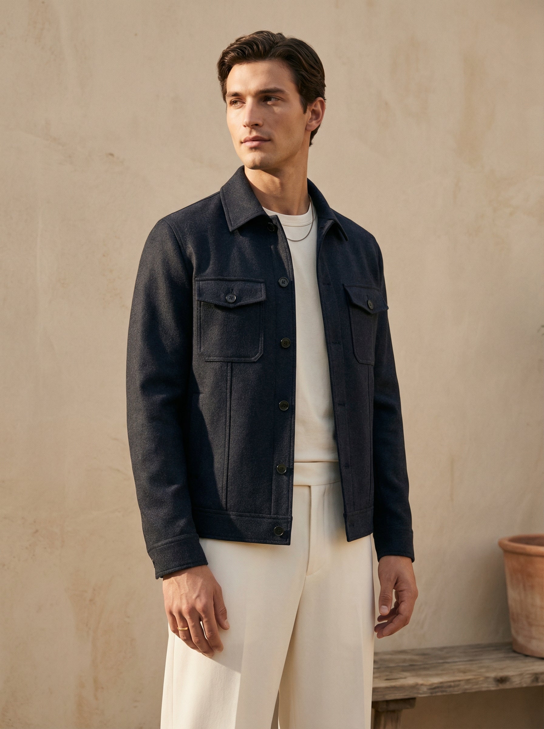 Man wearing a dark jacket over a white shirt and pants against a beige wall.