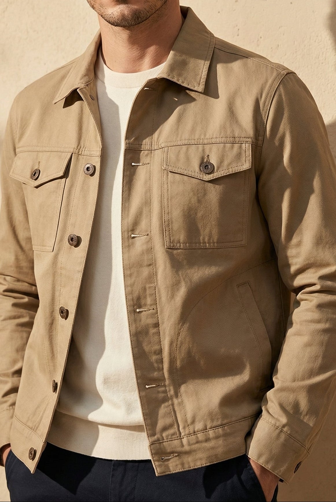 Man wearing a beige jacket against a beige wall