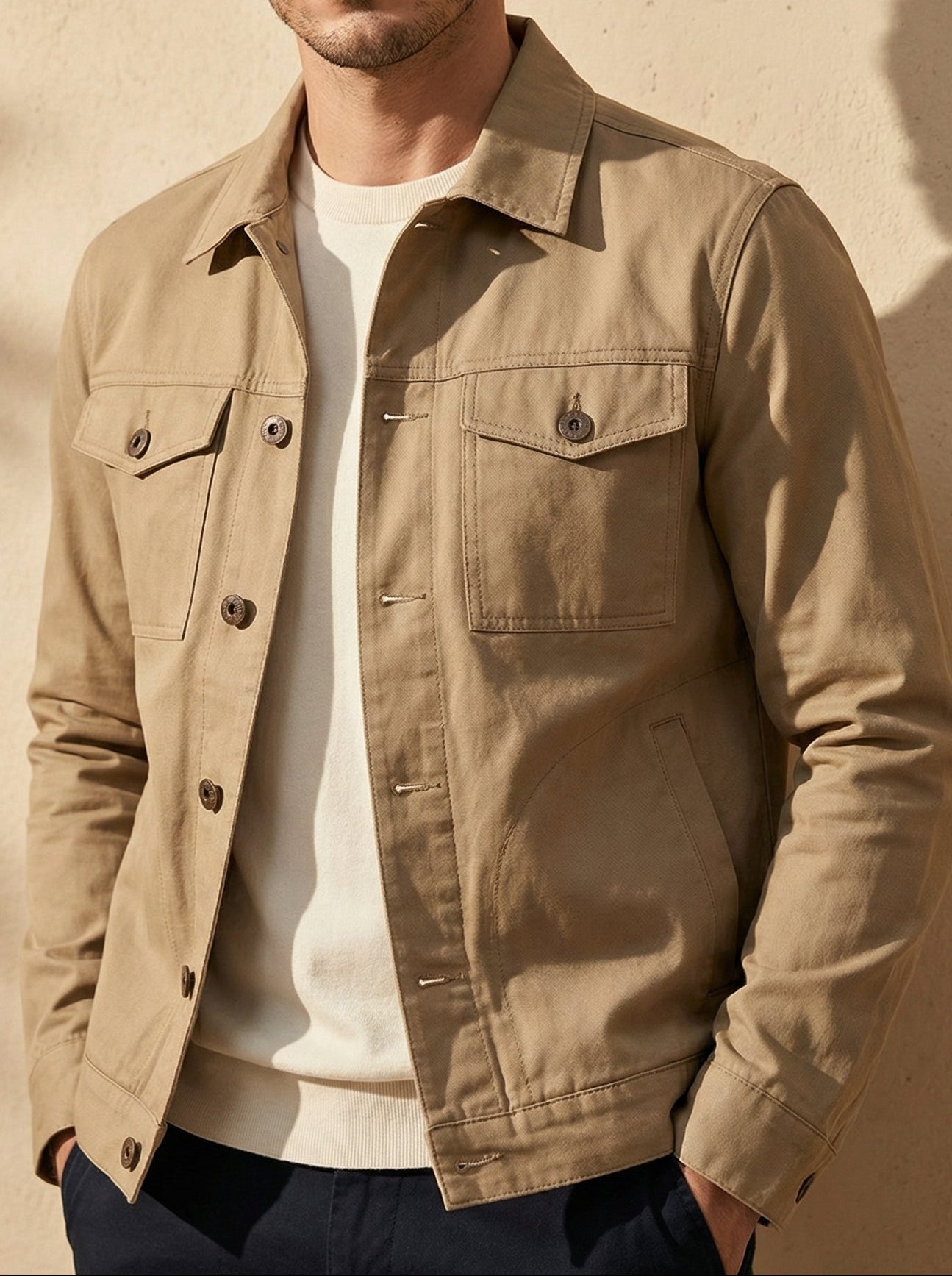 Man wearing a beige jacket against a beige wall
