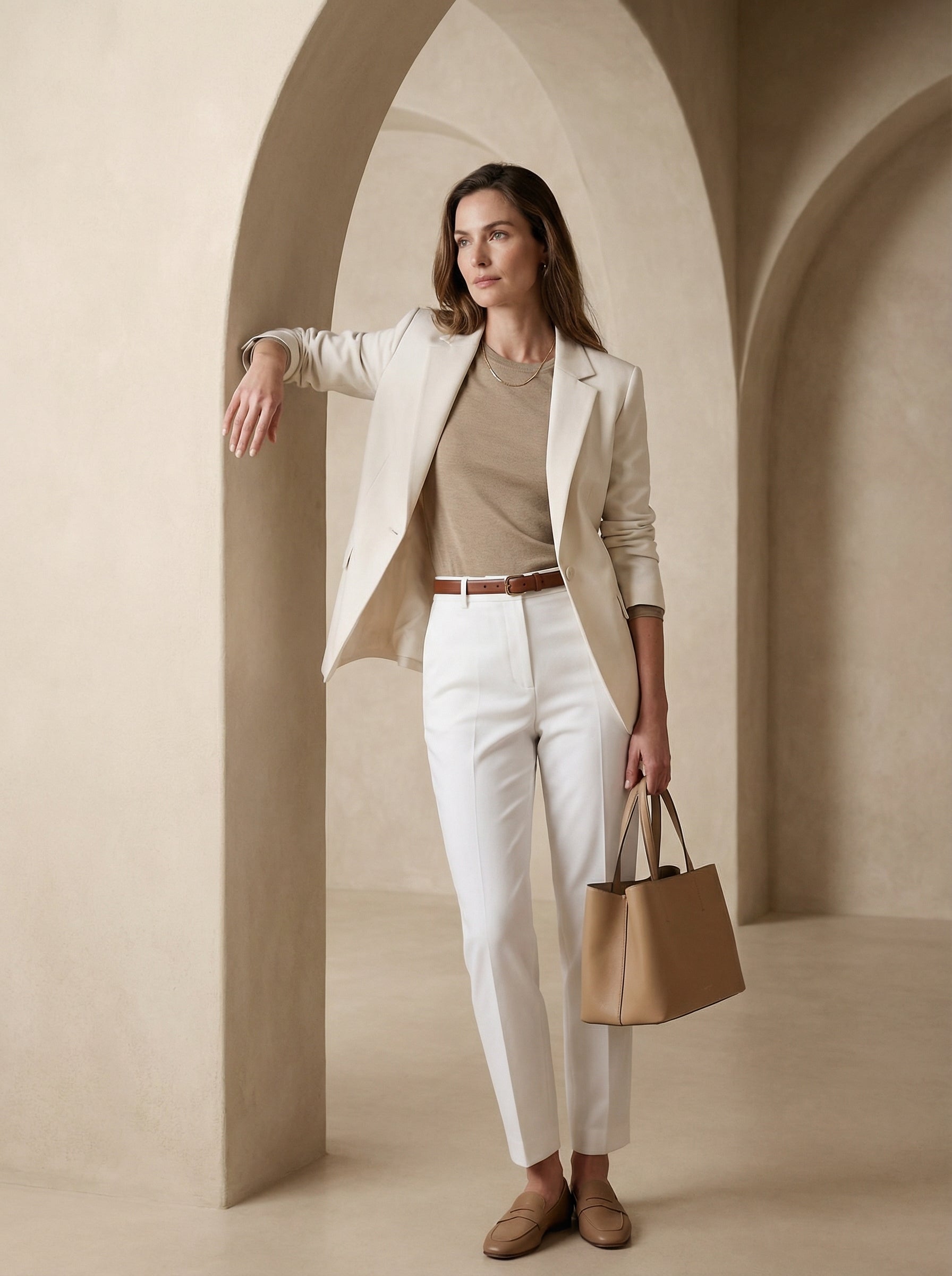 Woman in a beige blazer and white pants holding a brown handbag in an archway.