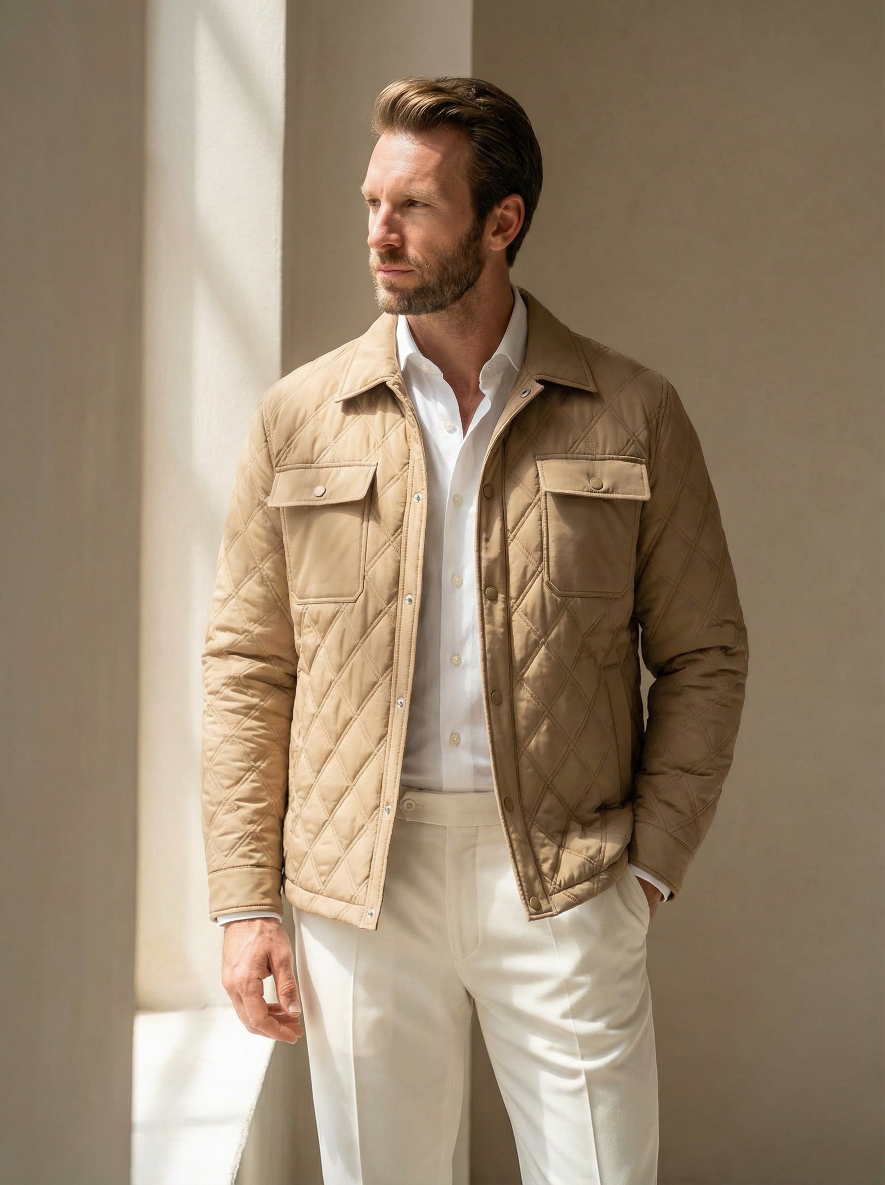 Man wearing a beige quilted jacket over a white shirt and pants, standing against a neutral background.