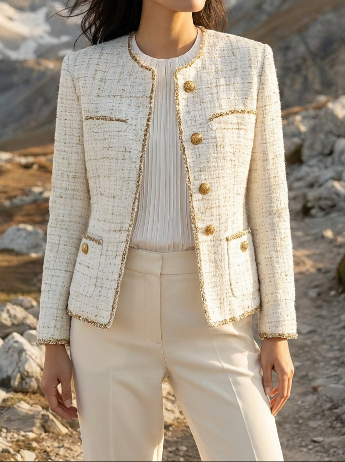 Woman in a beige tweed jacket and pants standing in a mountainous landscape
