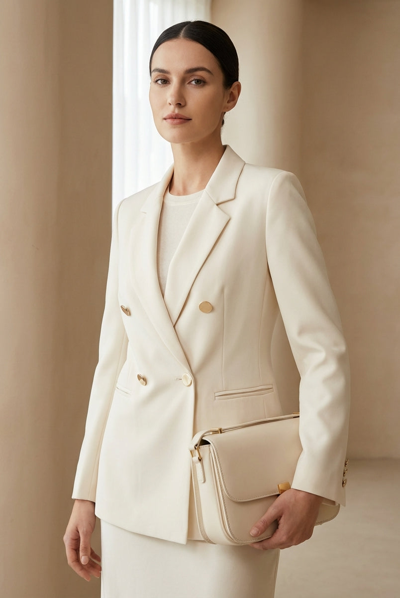 Woman wearing a cream blazer and holding a matching handbag against a neutral background