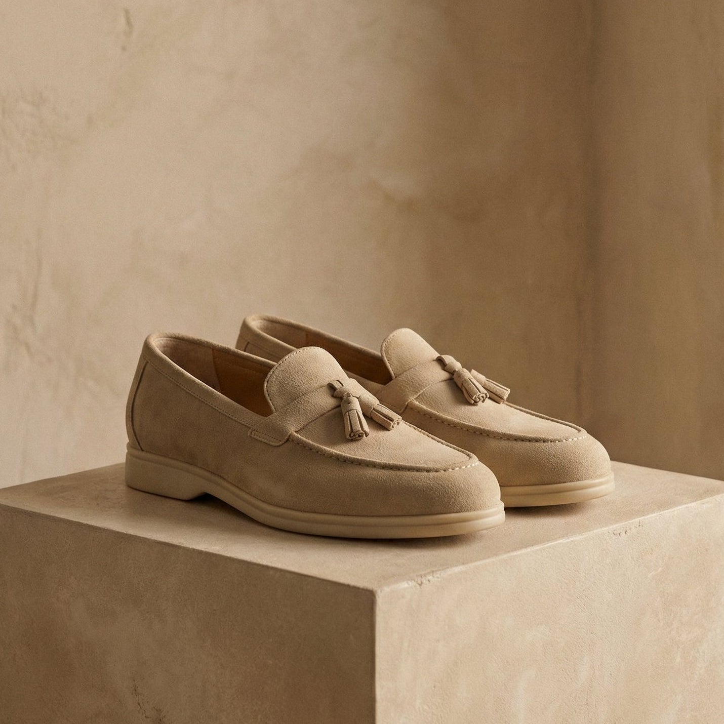Pair of beige loafers with tassels on a beige platform against a neutral background