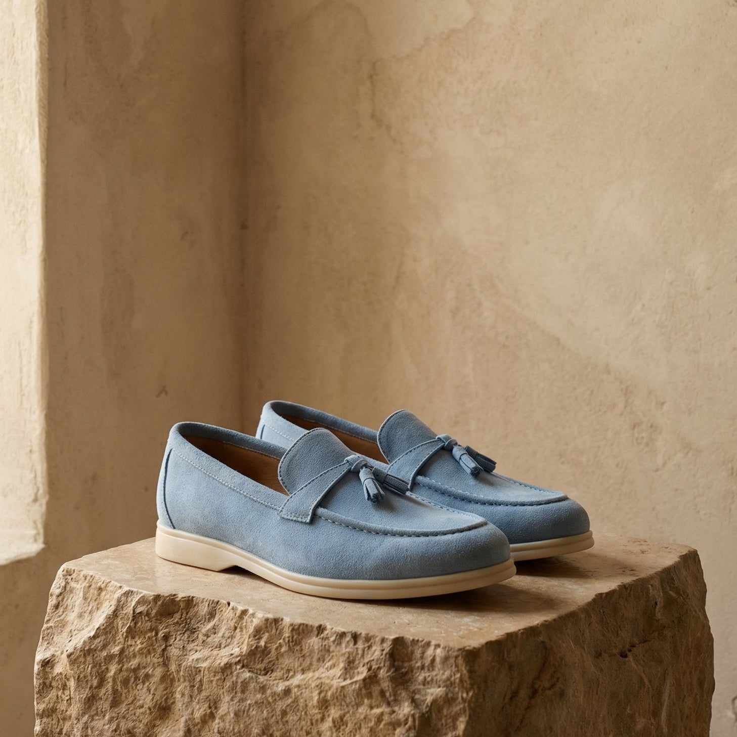 Pair of blue loafers on a stone surface with a beige wall background