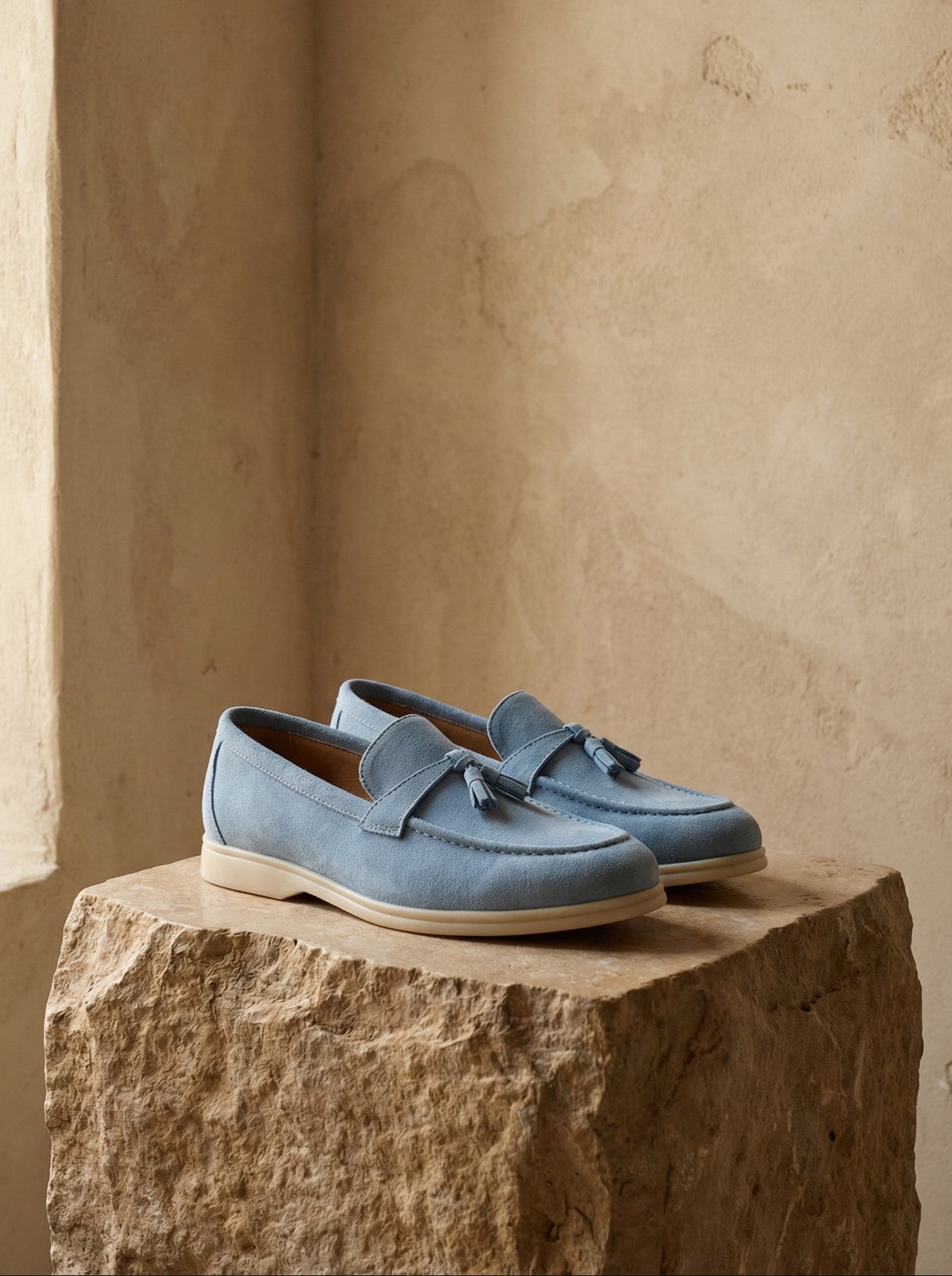 Pair of blue loafers on a stone surface with a beige wall background