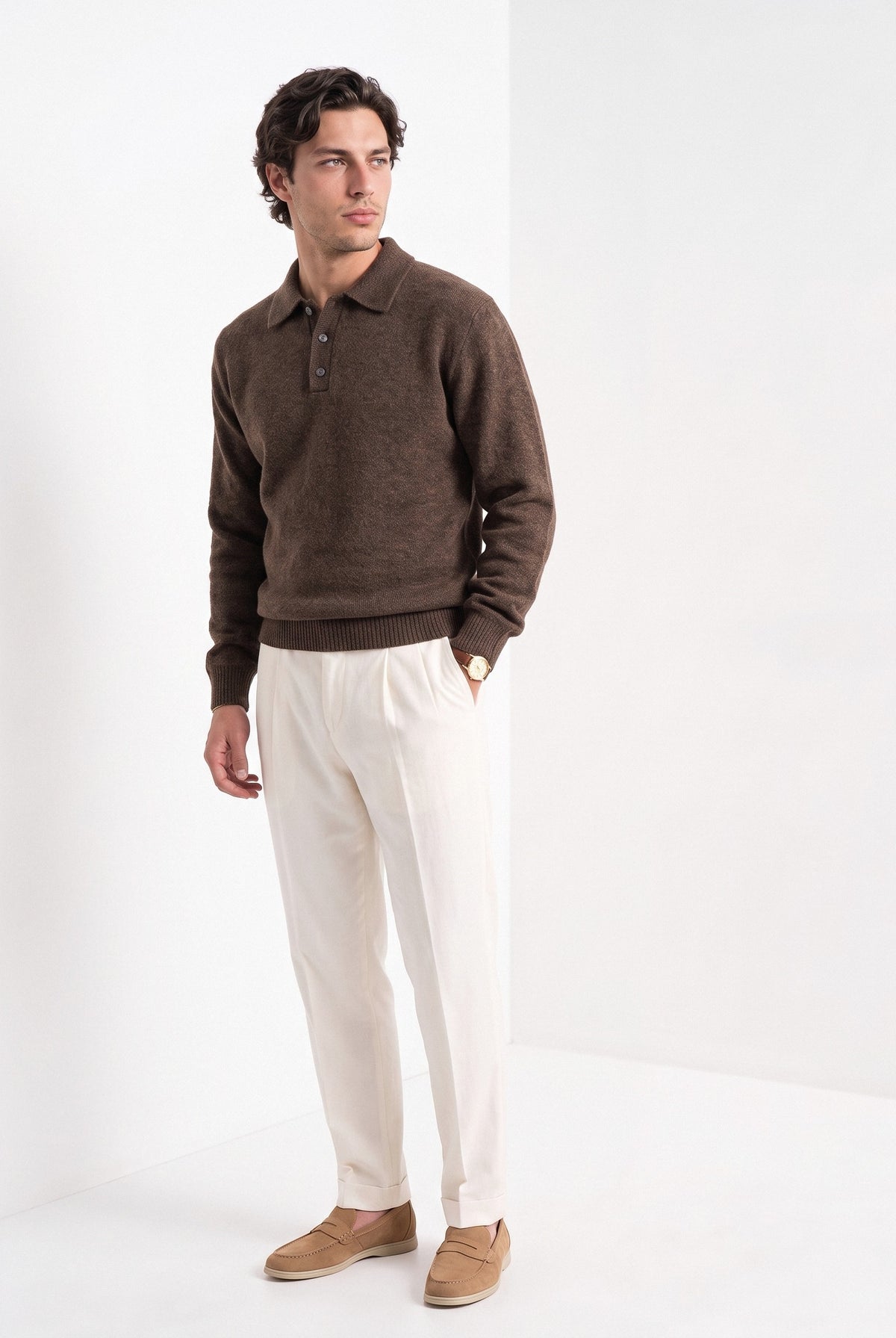 BLENIN men's brushed knit polo sweater in coffee, three-quarter view