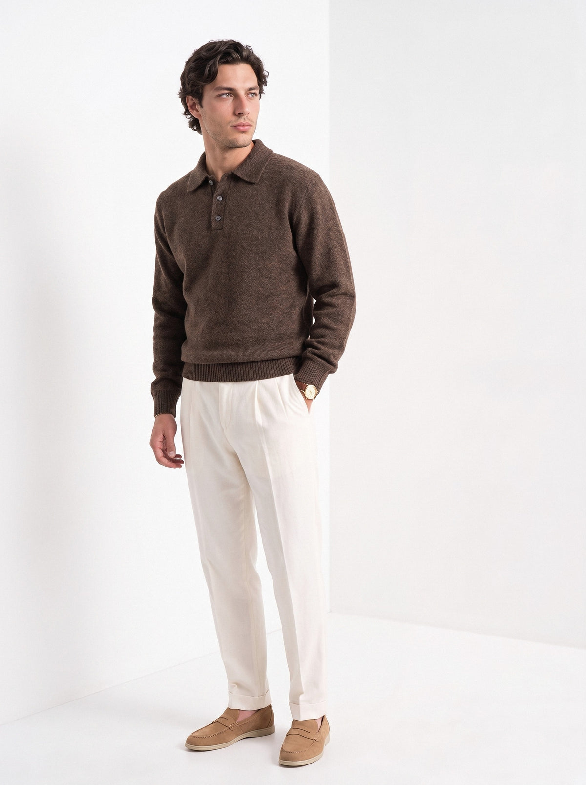 BLENIN men's brushed knit polo sweater in coffee, three-quarter view