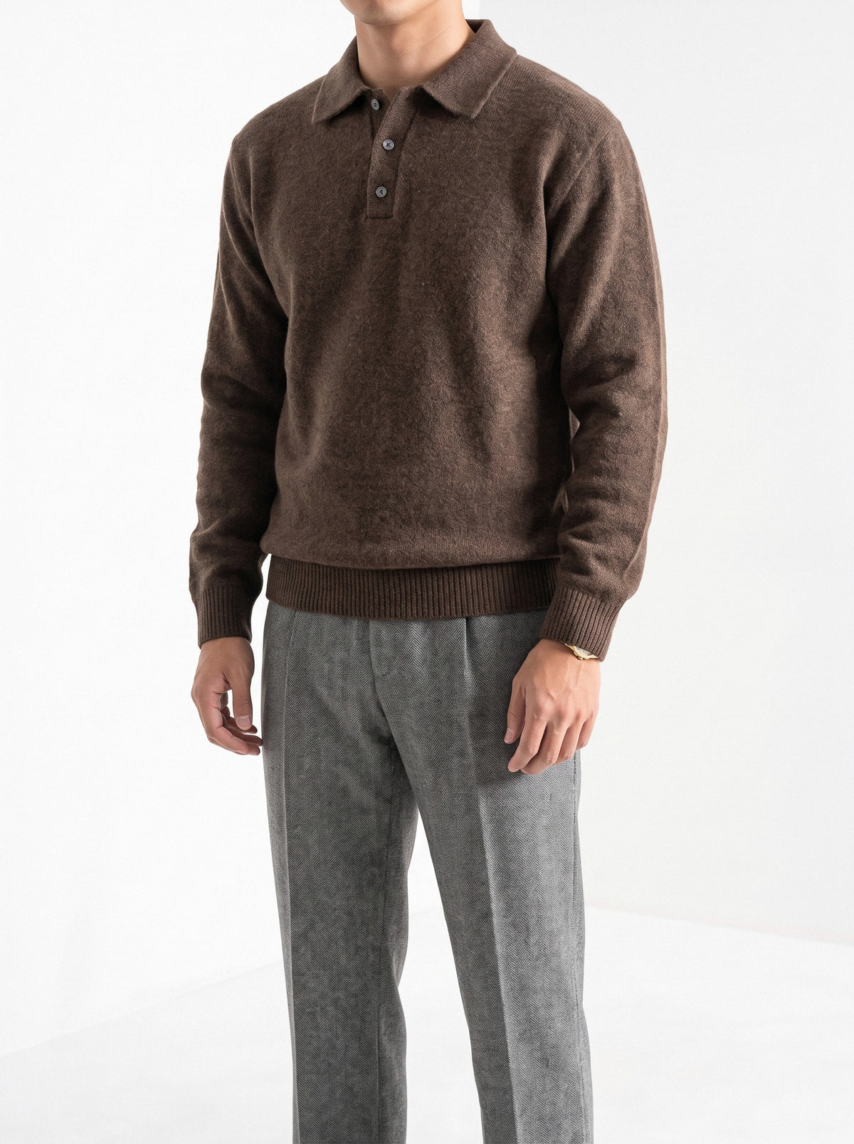 BLENIN men's brushed knit polo sweater in coffee, fit detail