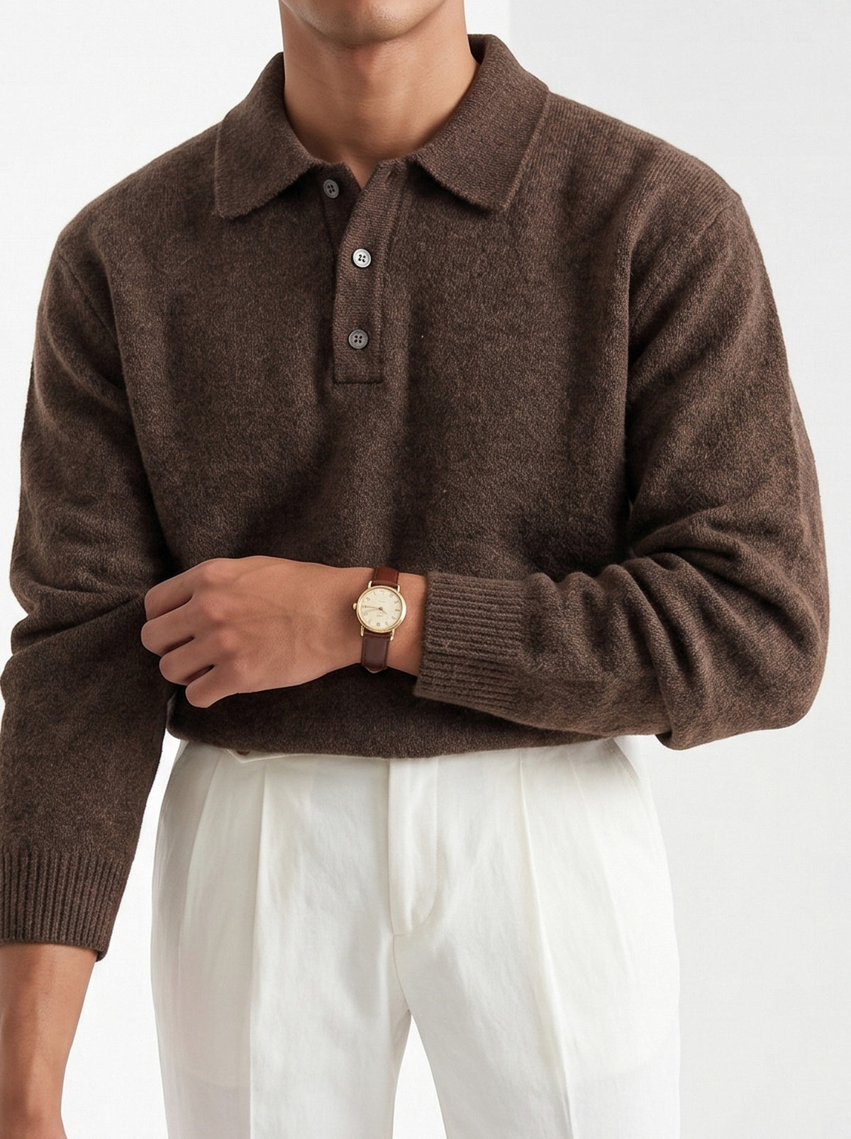 BLENIN men's brushed knit polo sweater in coffee, styled detail