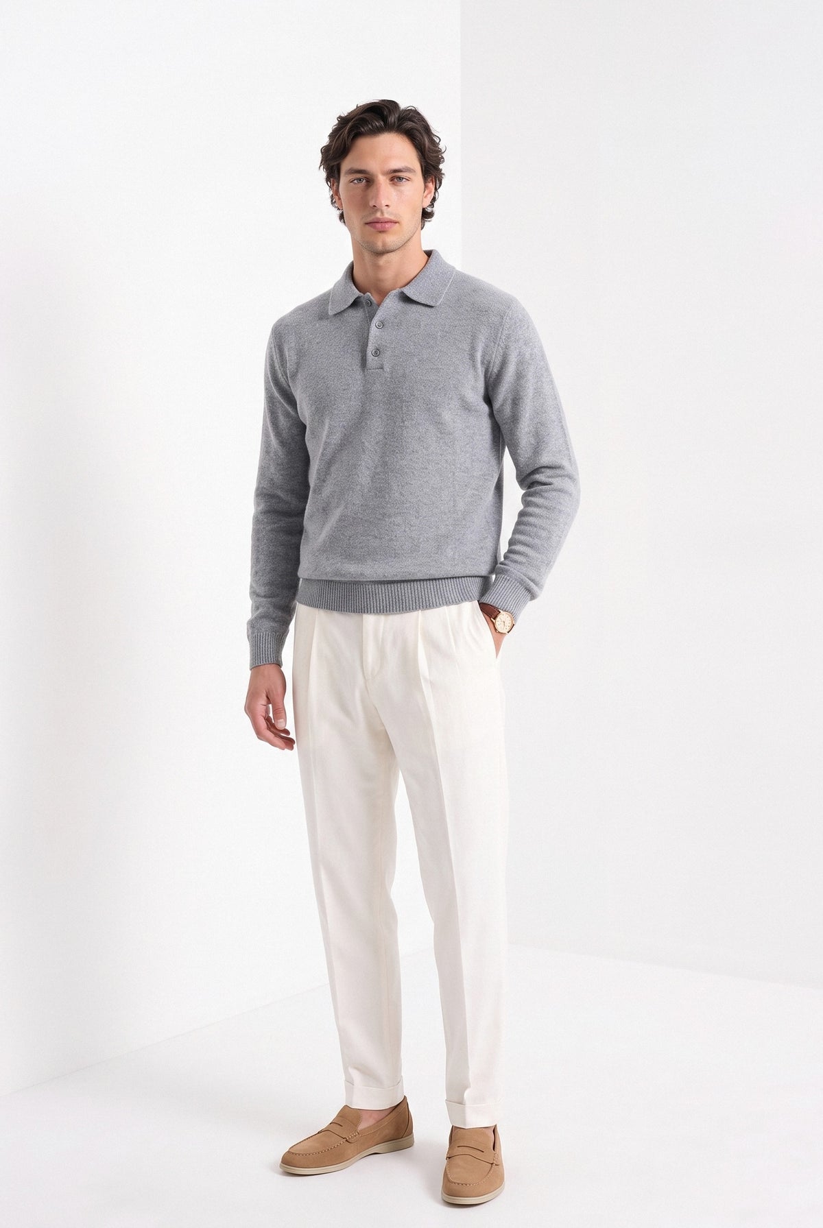 BLENIN men's brushed knit polo sweater in light grey, full-length front view