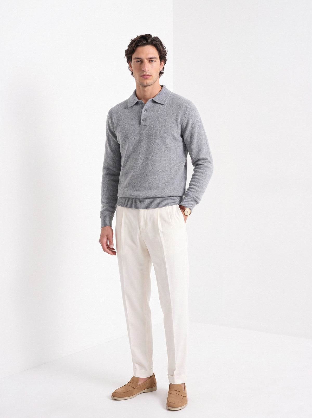 BLENIN men's brushed knit polo sweater in light grey, full-length front view