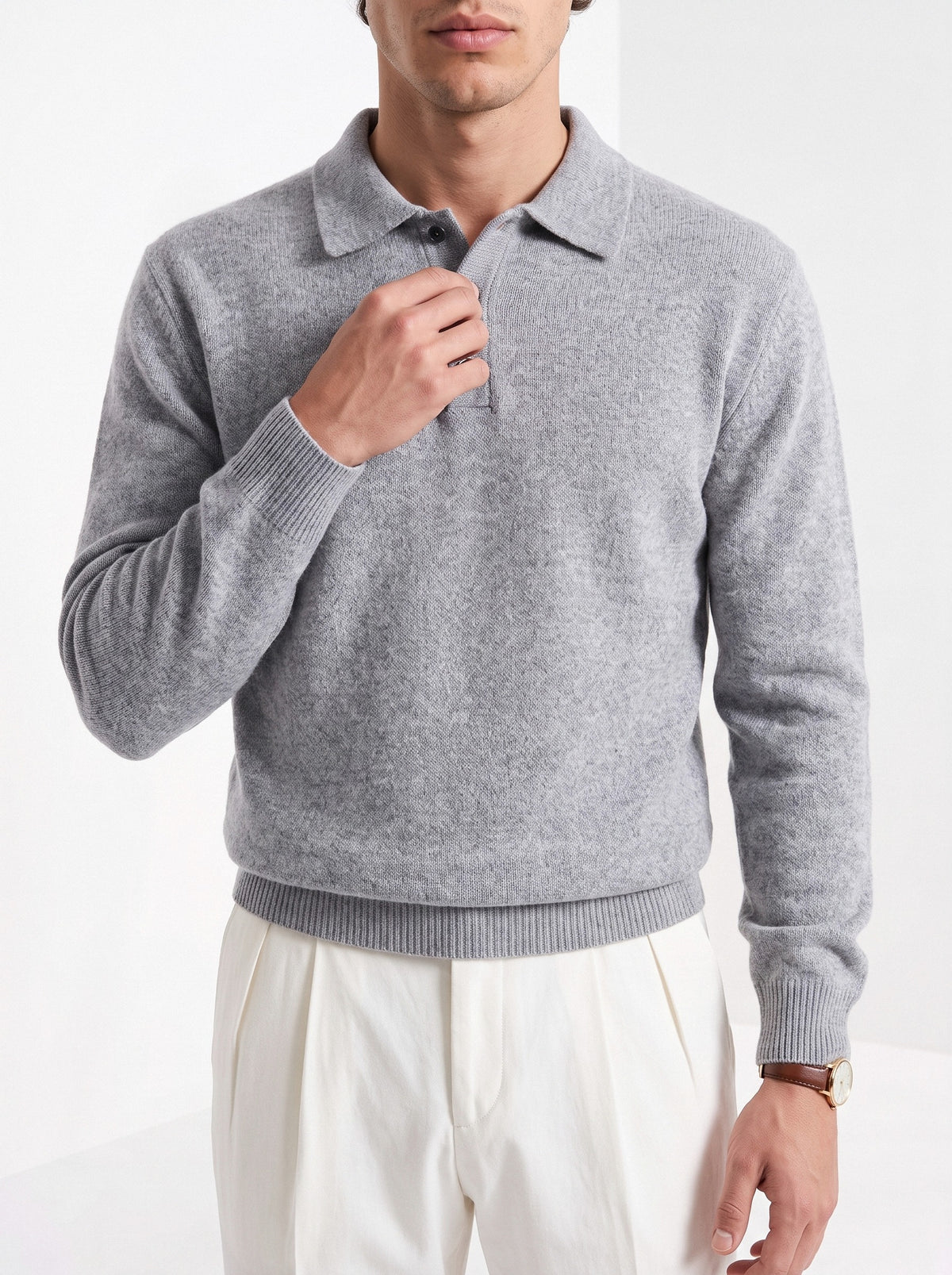 BLENIN men's brushed knit polo sweater in light grey, close-up of the details