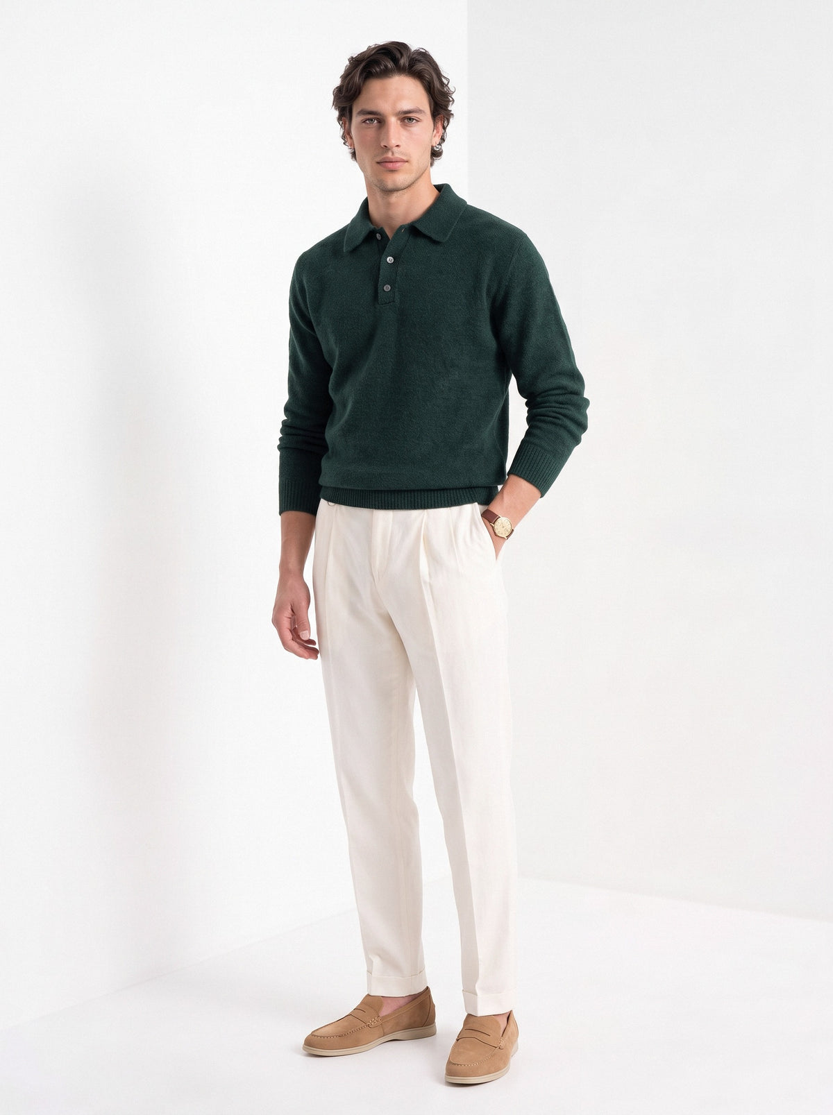 BLENIN men's brushed knit polo sweater in dark green, full-length front view