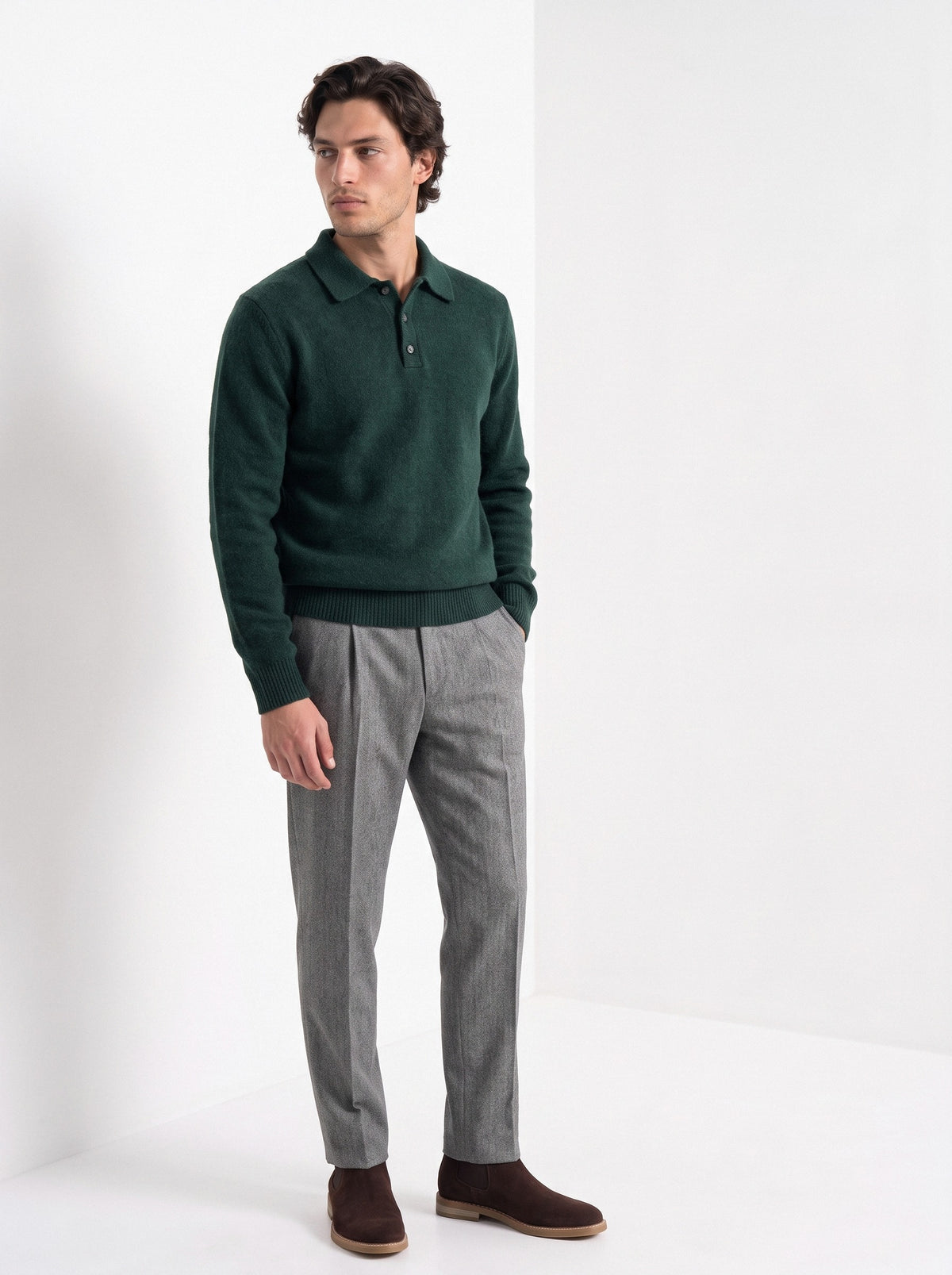 BLENIN men's brushed knit polo sweater in dark green, three-quarter view