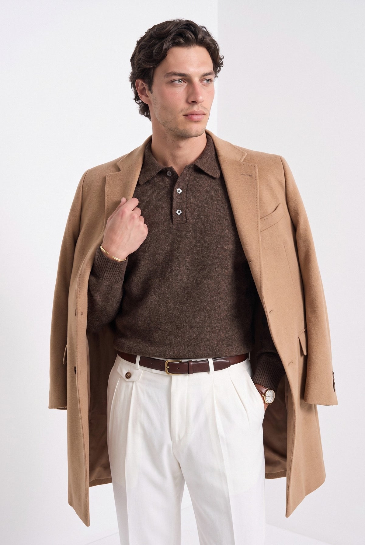 BLENIN men's brushed knit polo sweater in coffee, front portrait