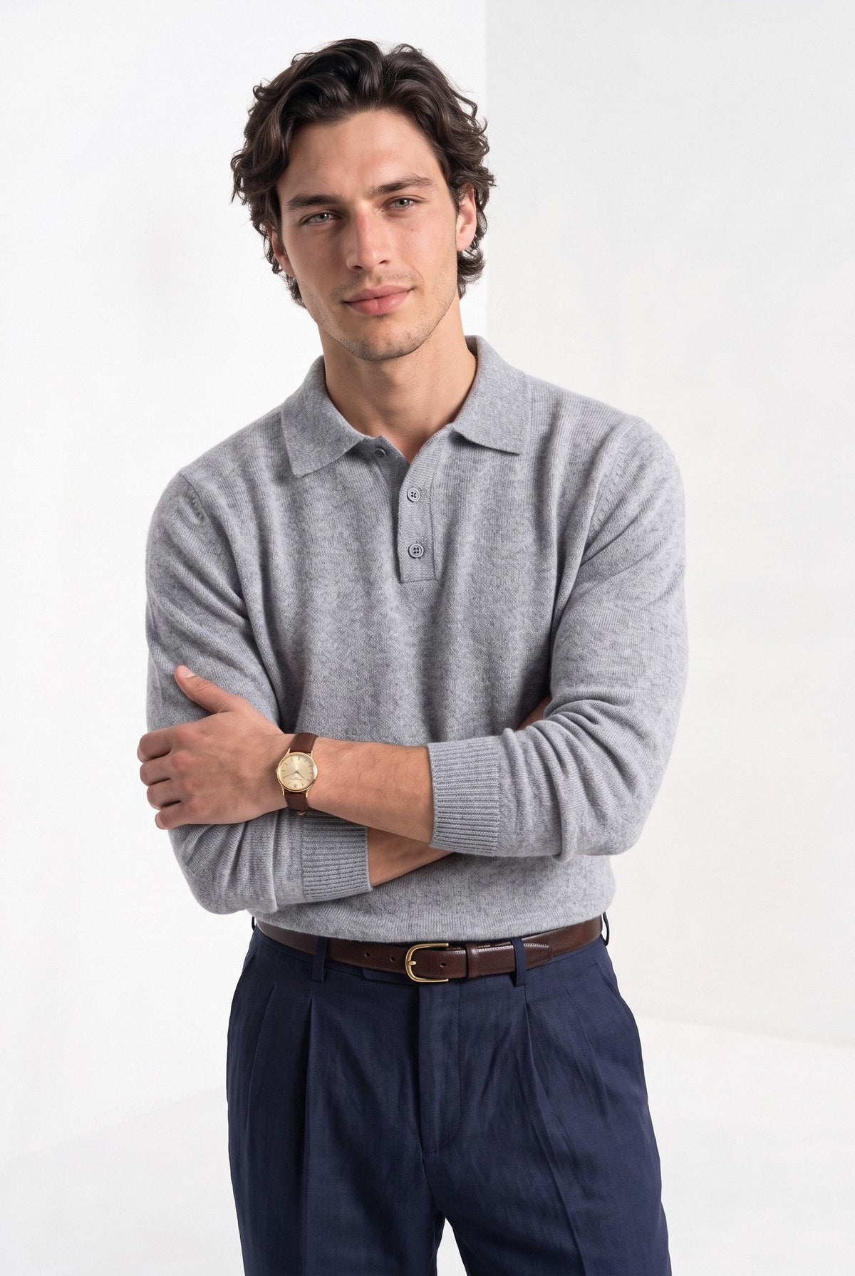 BLENIN men's brushed knit polo sweater in light grey, front portrait