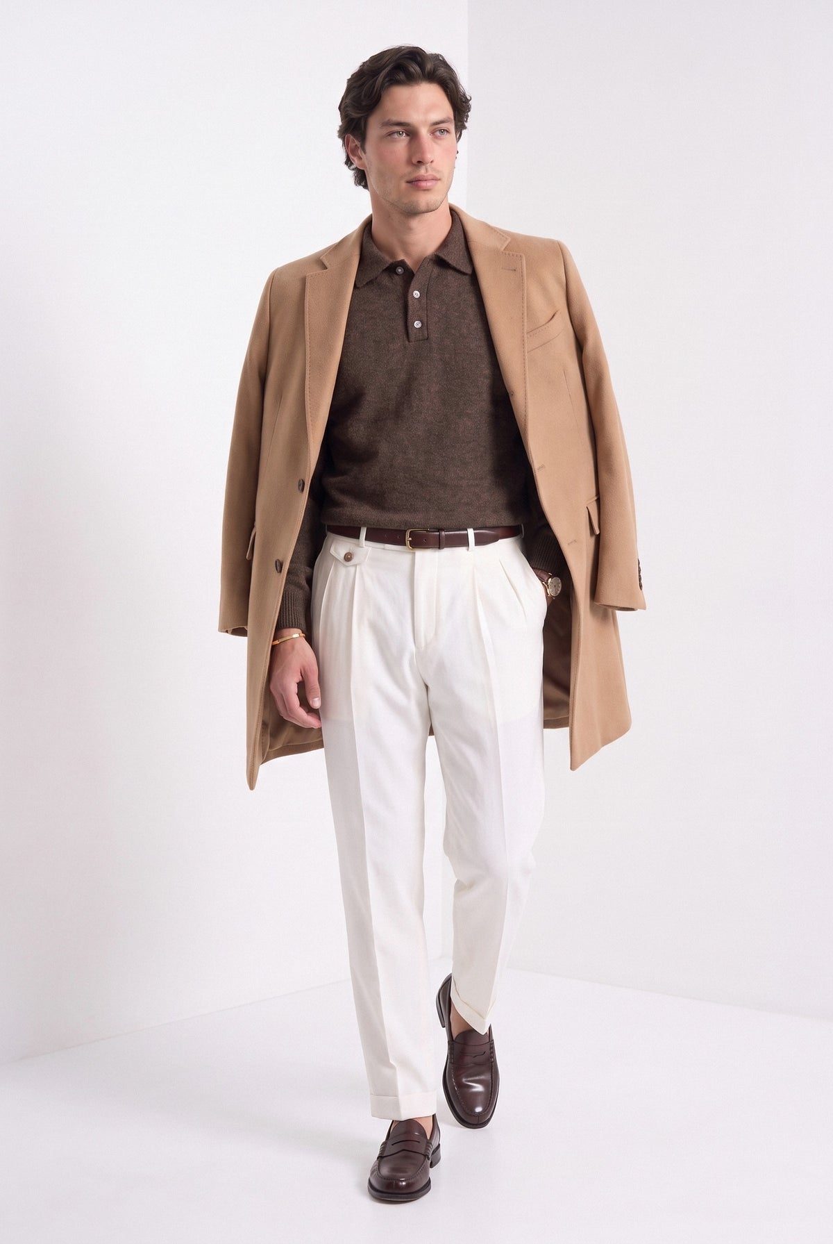 BLENIN men's brushed knit polo sweater in coffee, full-length look