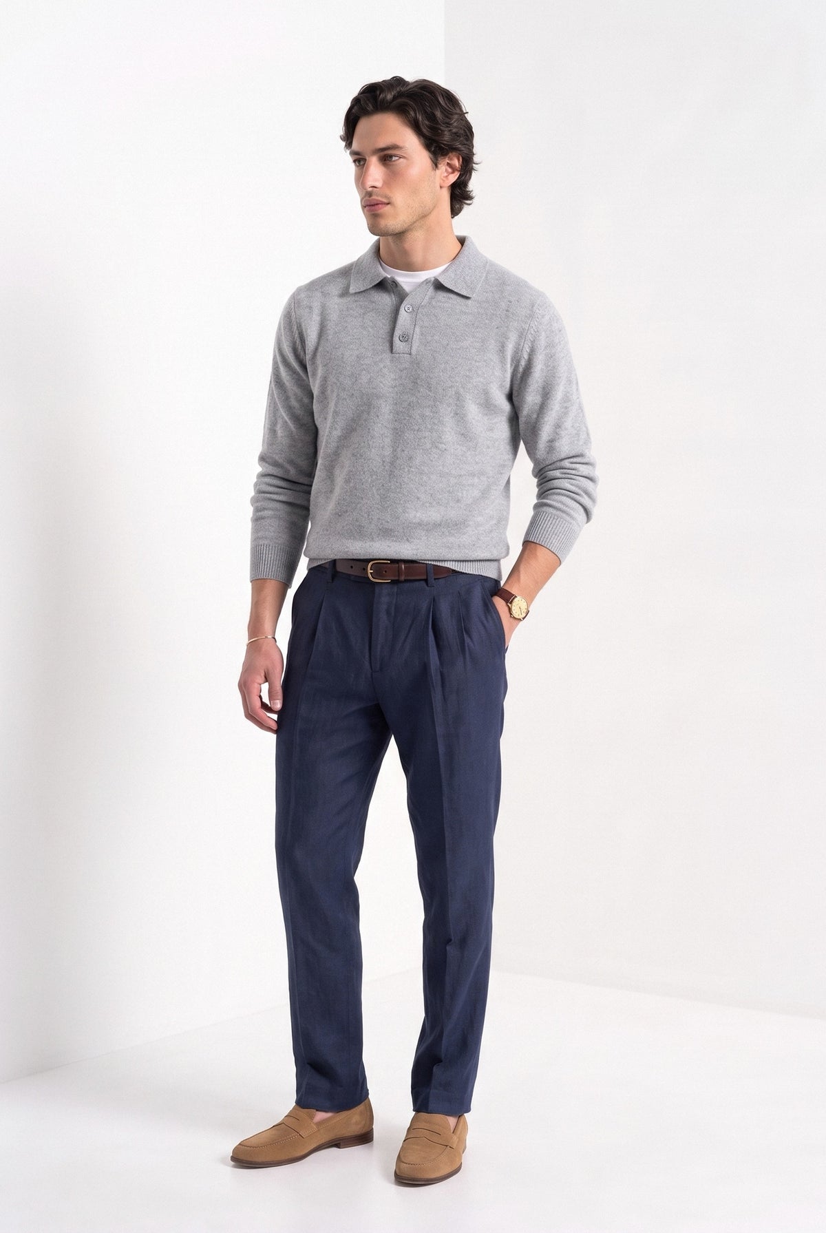 BLENIN men's brushed knit polo sweater in light grey, full-length look