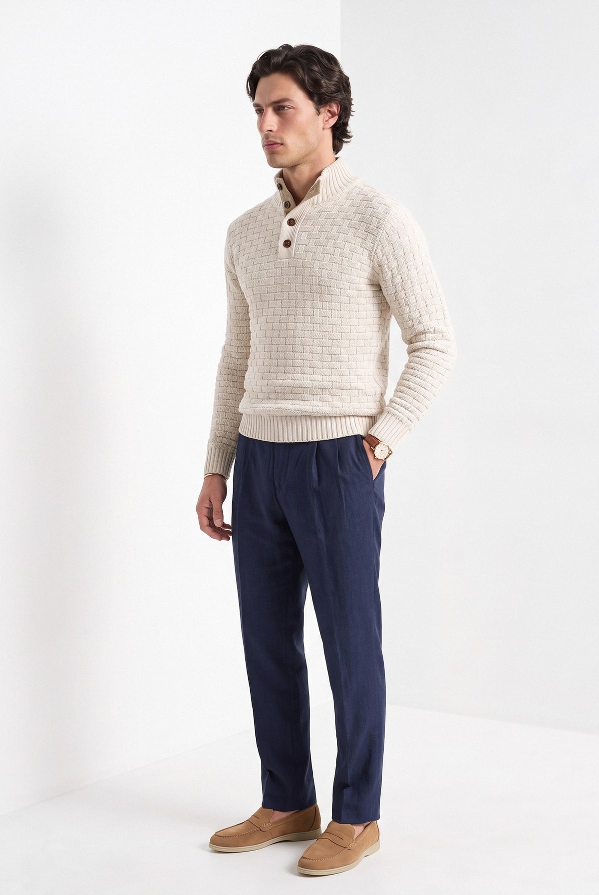 BLENIN men's basket weave button sweater in cream, three-quarter view