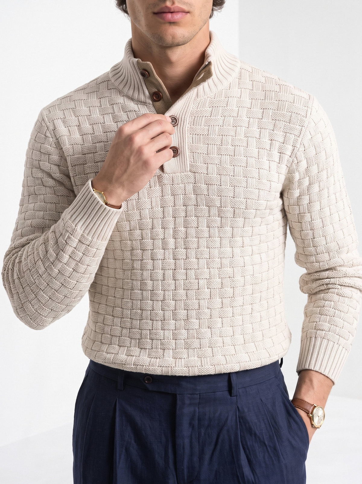 BLENIN men's basket weave button sweater in cream, close-up of the details