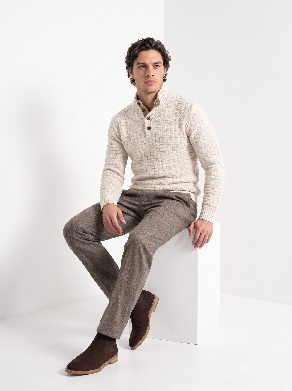 BLENIN men's basket weave button sweater in cream, seated, full outfit